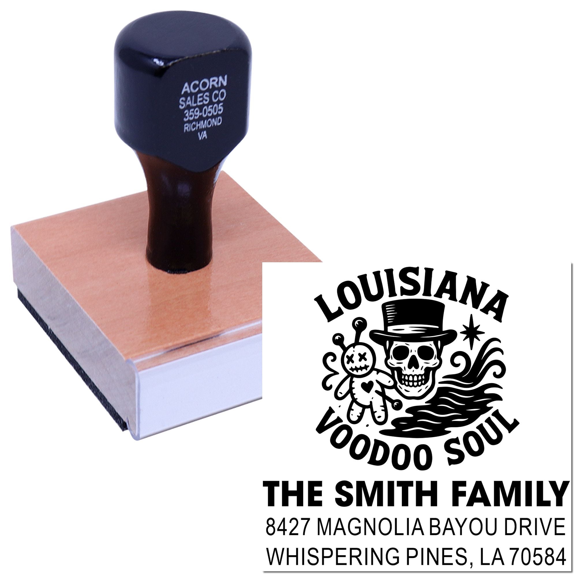 Custom self-inking rubber stamp with Louisiana Voodoo Soul family address design for personalized mailing and craft projects.