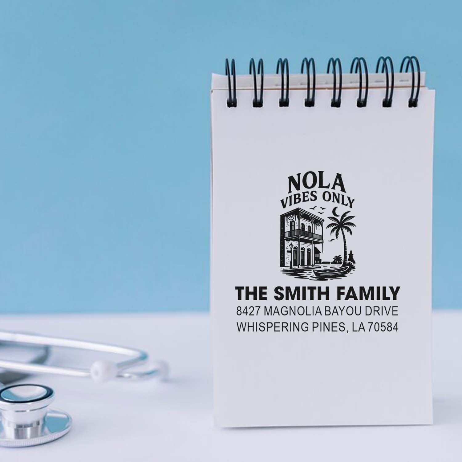 Custom return address rubber stamp on notepad with NOLA Vibes Only design for The Smith Family, Whispering Pines, LA.