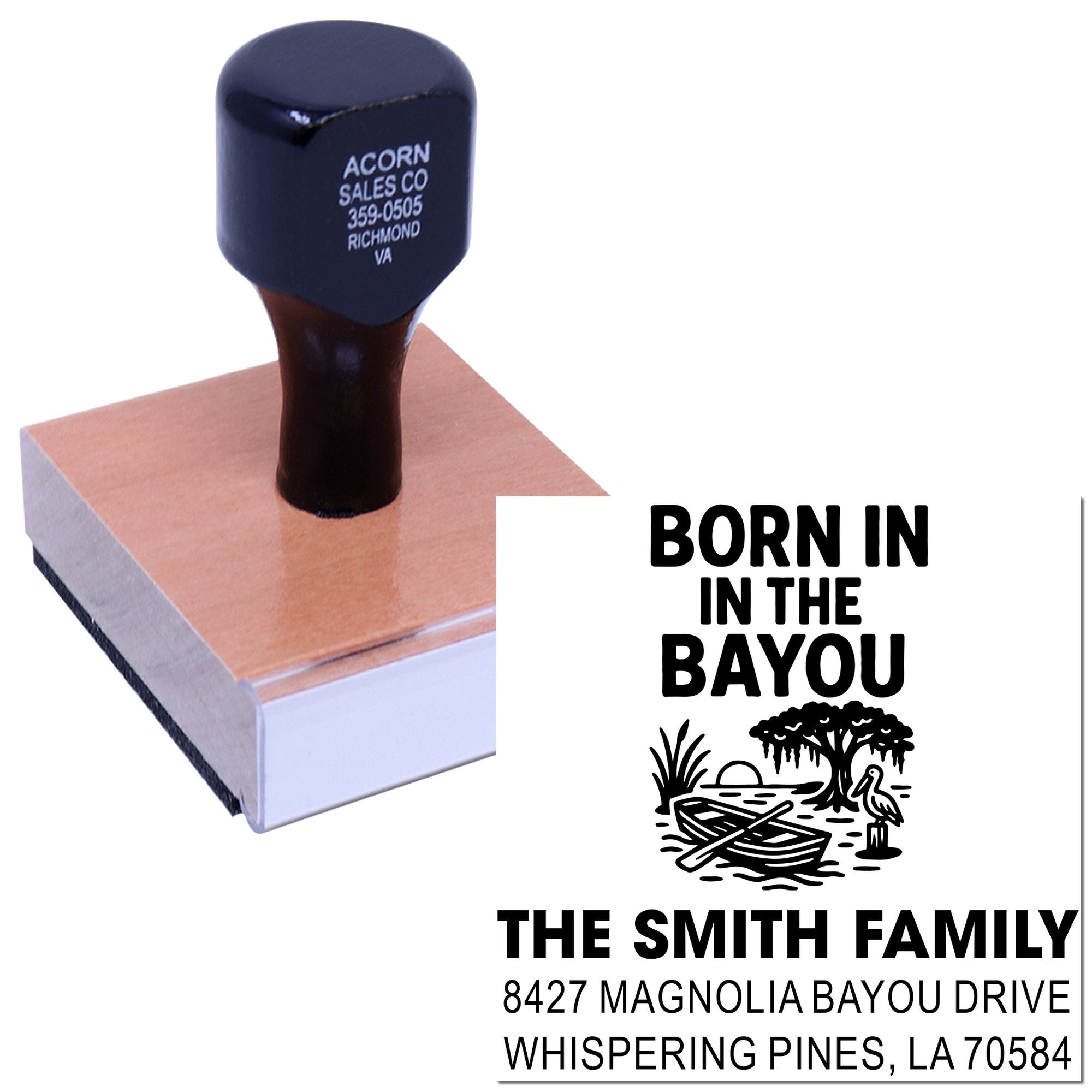 Custom rubber stamp with Born in the Bayou family address design for personalized mailing and stationery.