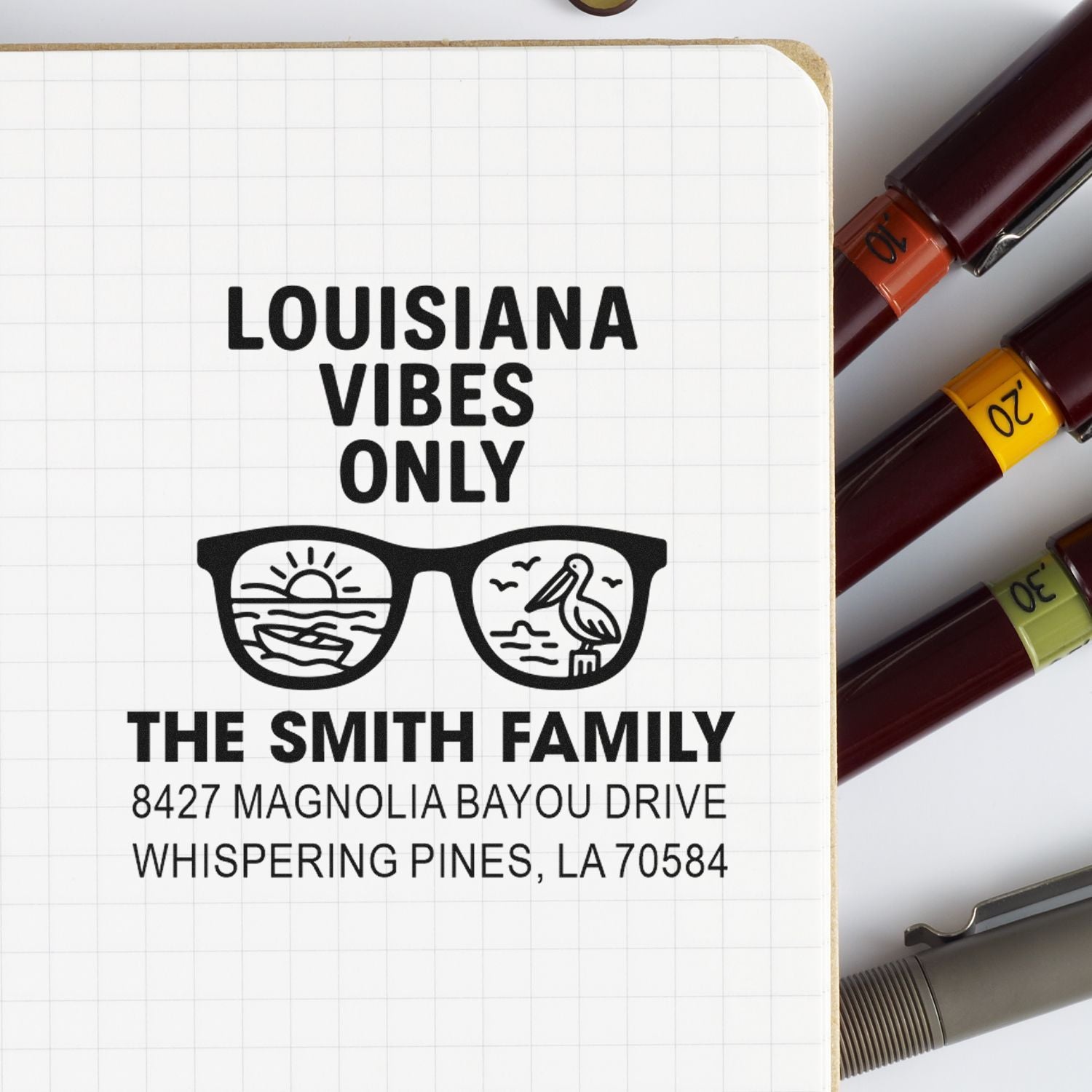 Custom Louisiana address rubber stamp design featuring Louisiana Vibes Only, The Smith Family, and a beach-themed sunglasses icon.