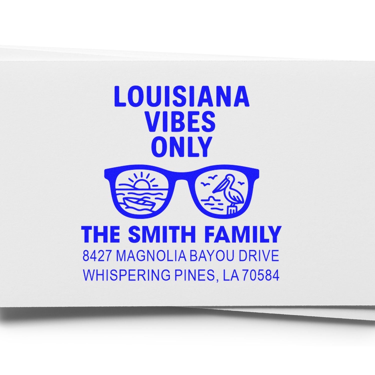 Personalized Louisiana Vibes Only rubber stamp with Smith family name, bayou glasses icon, and return address.