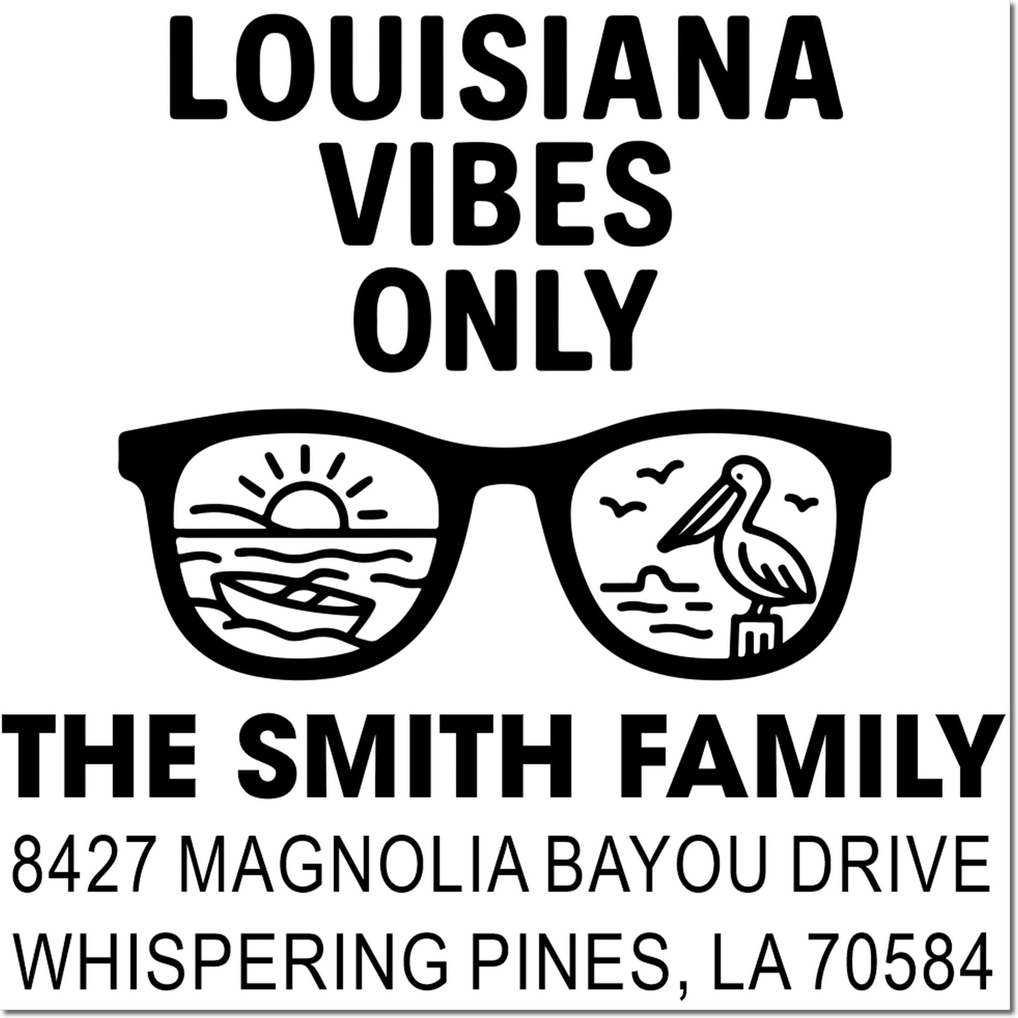 Louisiana vibes only custom return address rubber stamp for The Smith Family, featuring bayou boat and pelican sunglasses design.