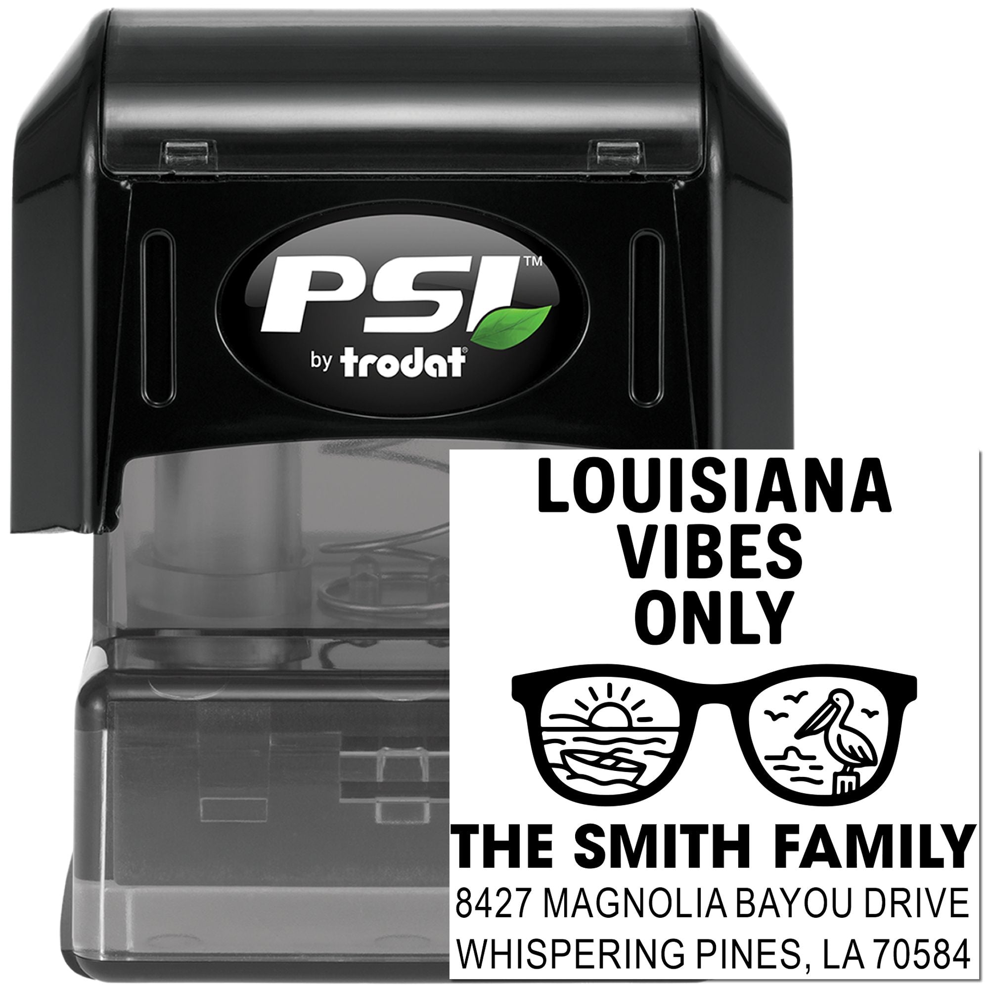 Custom self-inking rubber address stamp by PSI Trodat featuring Louisiana Vibes Only and the Smith family address