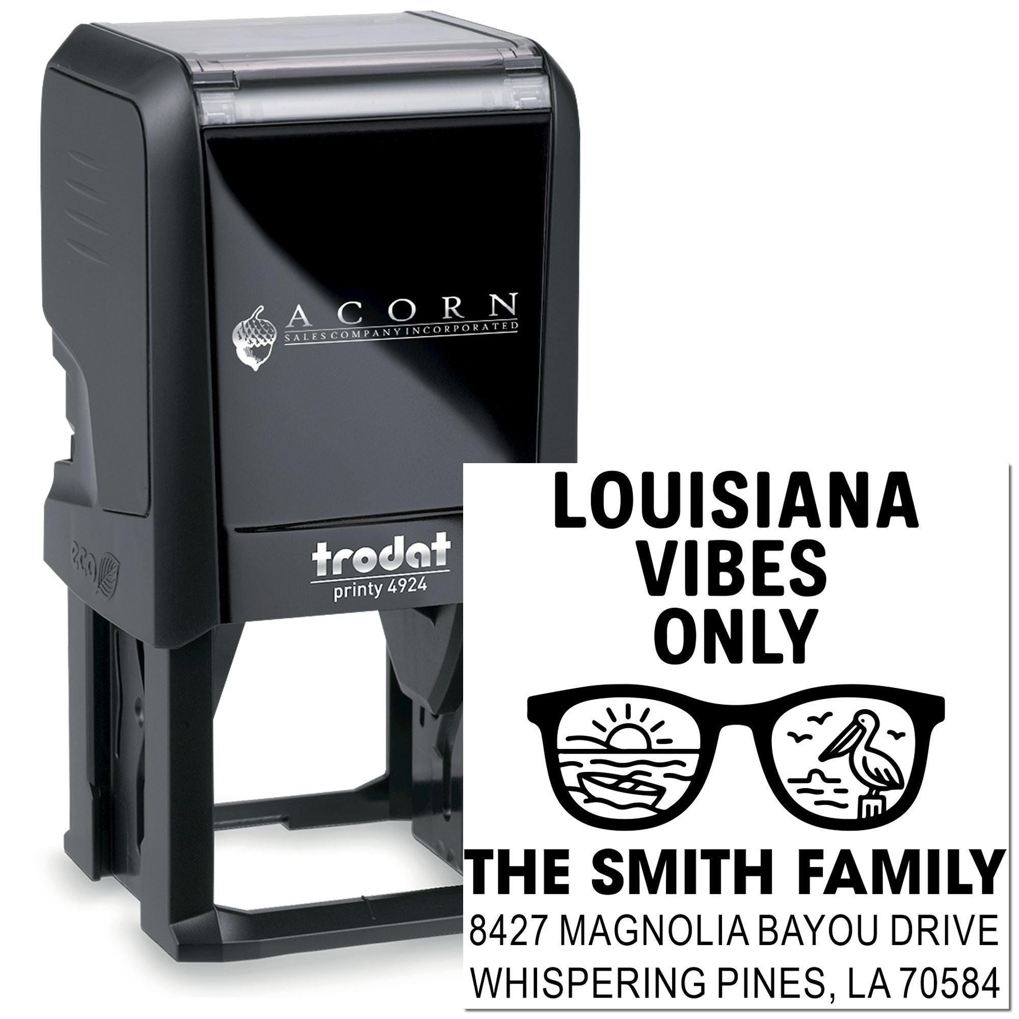 Custom self-inking rubber stamp with Louisiana Vibes Only design for The Smith Family address and return mailing imprint.