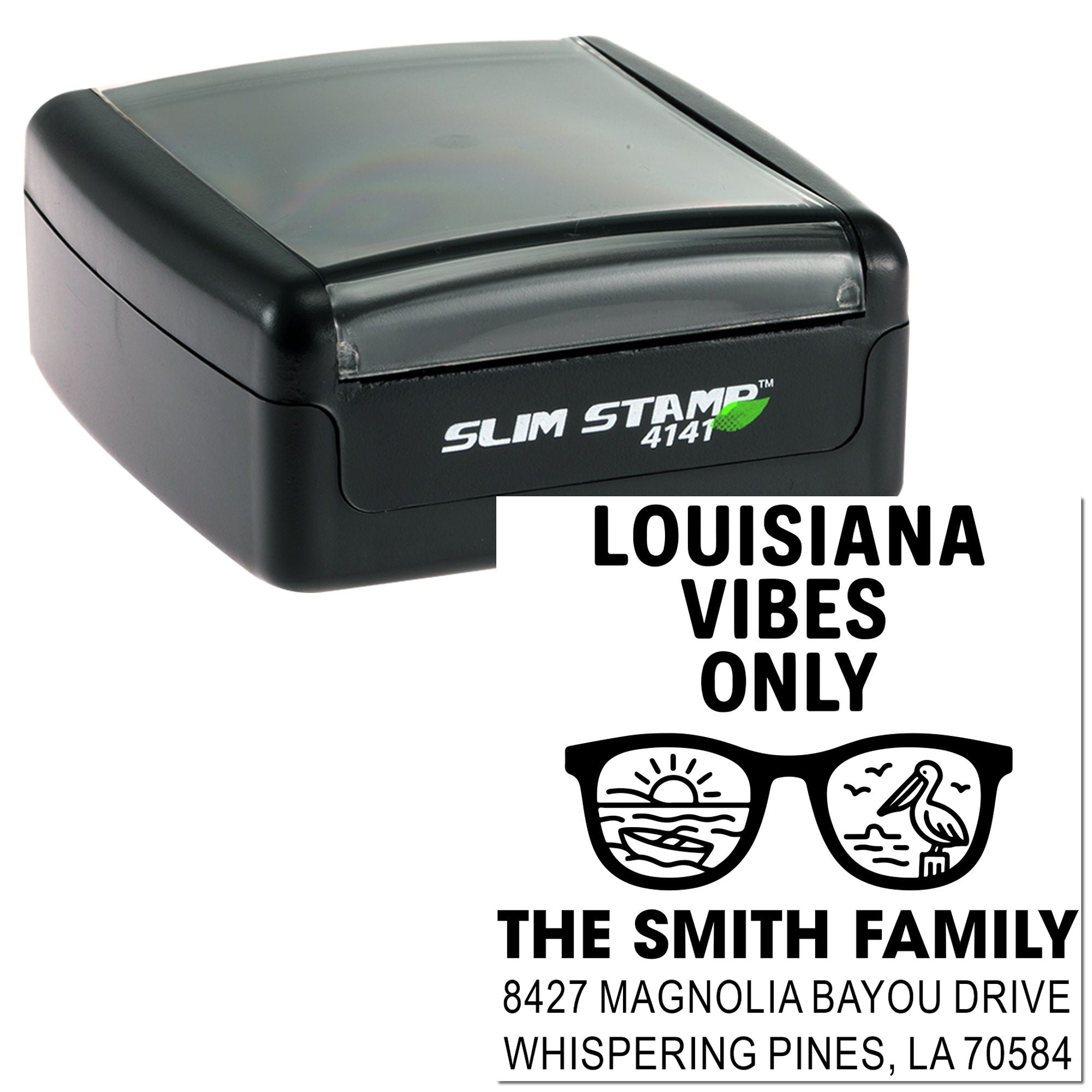 Slim Stamp 4141 custom self-inking rubber stamp with Louisiana Vibes Only family address imprint.
