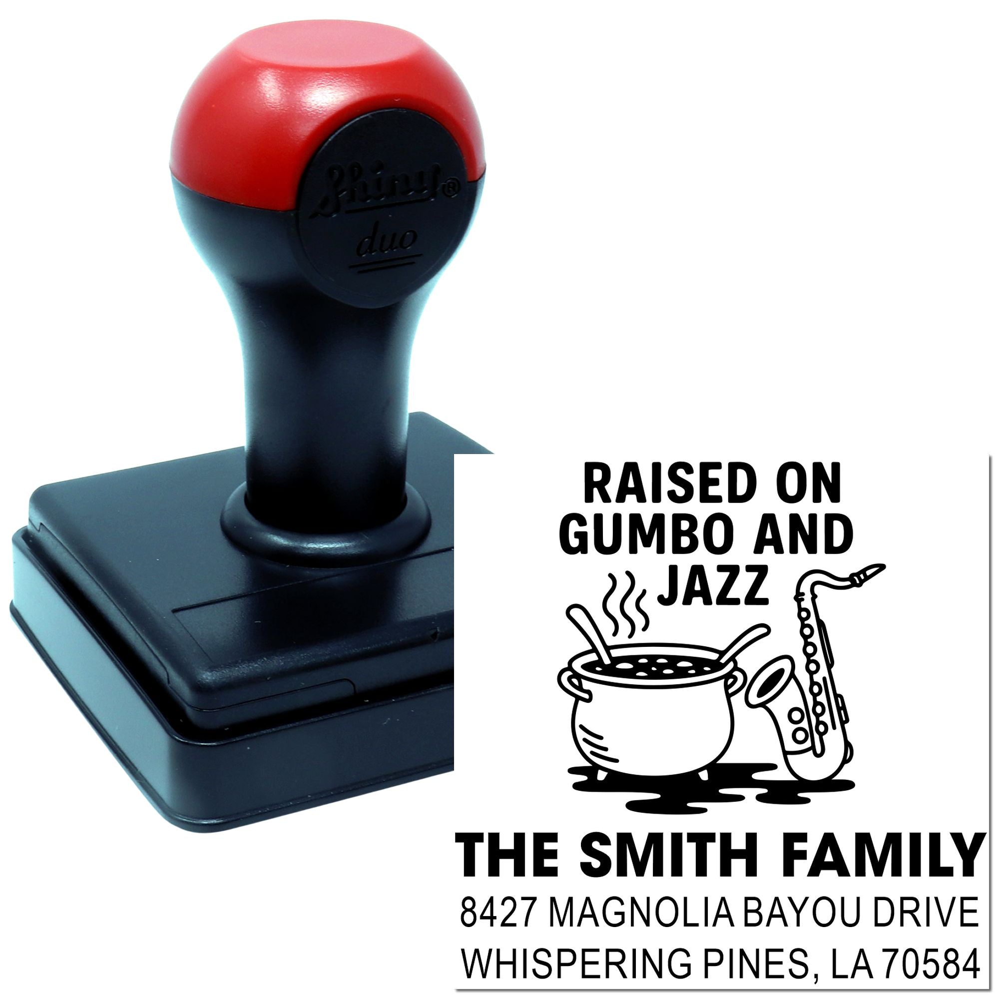 Custom rubber stamp with Raised on Gumbo and Jazz Smith family address design and saxophone pot graphic.