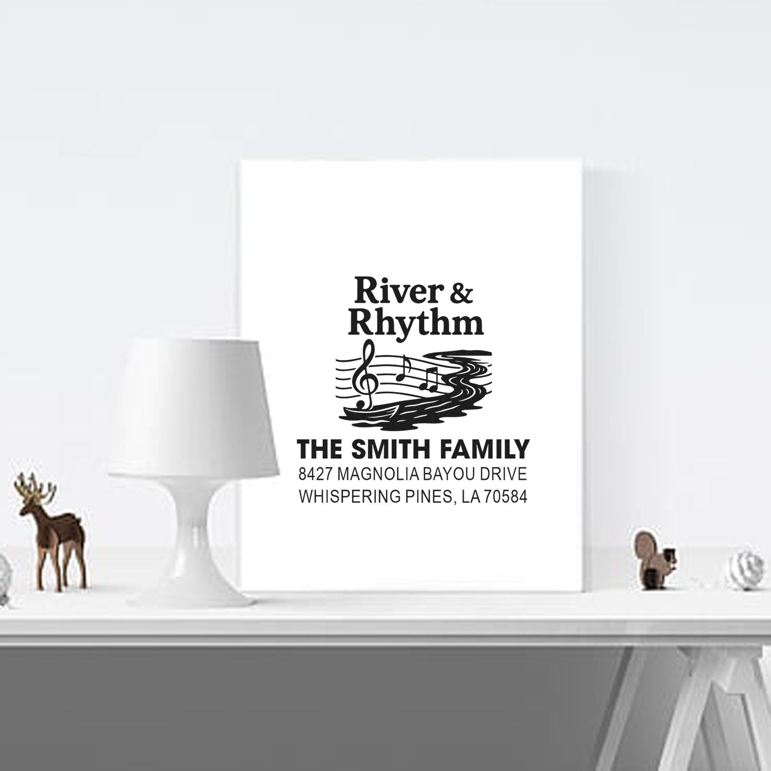 Personalized family return address rubber stamp with River & Rhythm music note design