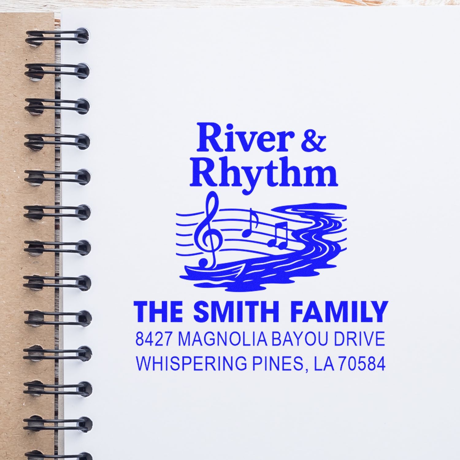Custom return address rubber stamp for The Smith Family with River & Rhythm music logo, Whispering Pines, LA.