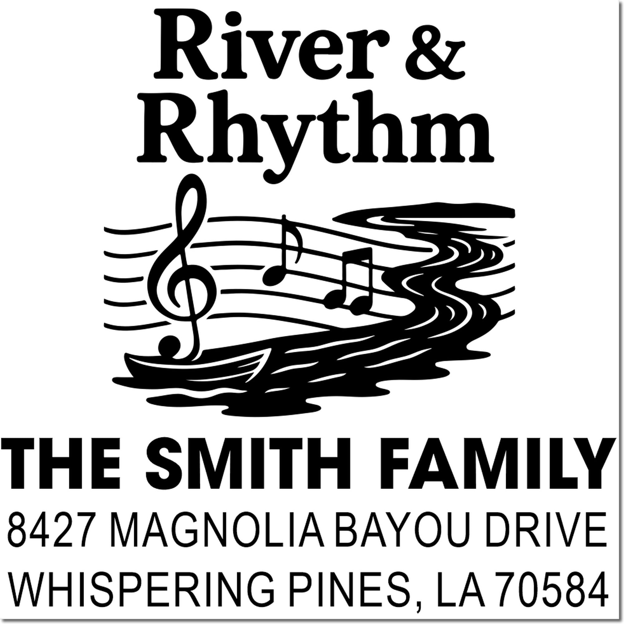 Custom family address rubber stamp with River & Rhythm music motif for The Smith Family, Whispering Pines, LA 70584.