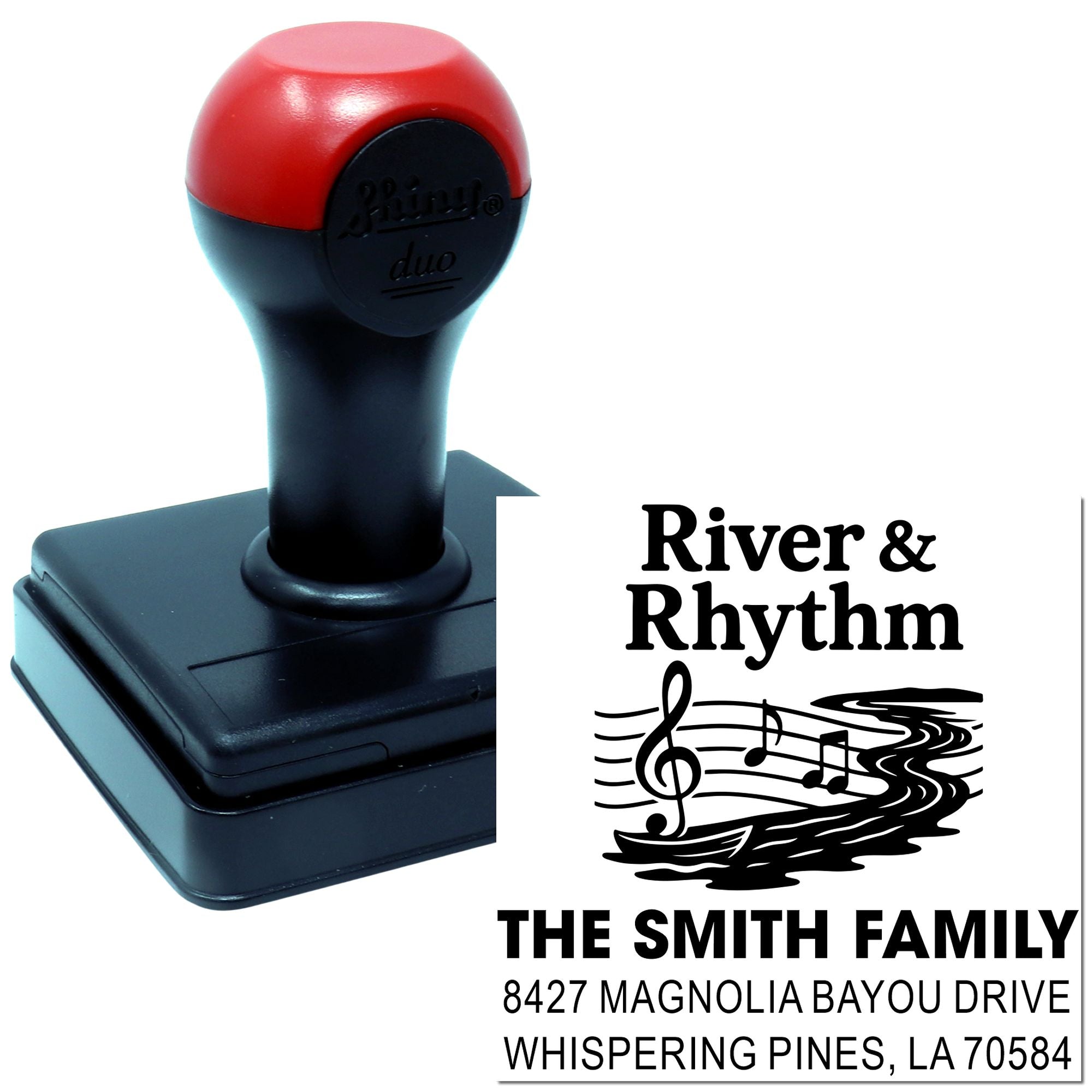 Custom self-inking rubber address stamp for The Smith Family with River & Rhythm design and return address.