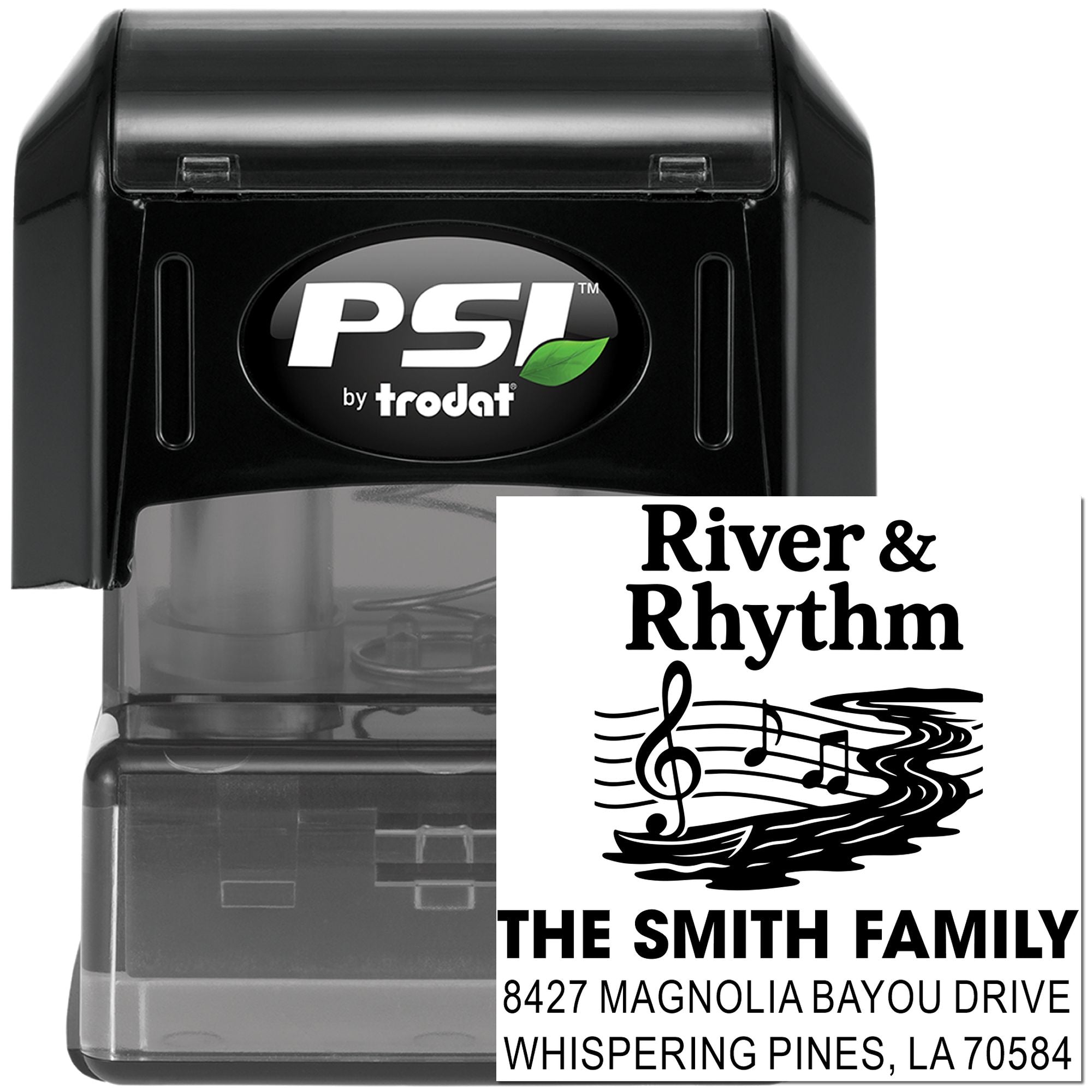 Custom self-inking return address rubber stamp by PSI Trodat, featuring River & Rhythm family music-themed imprint