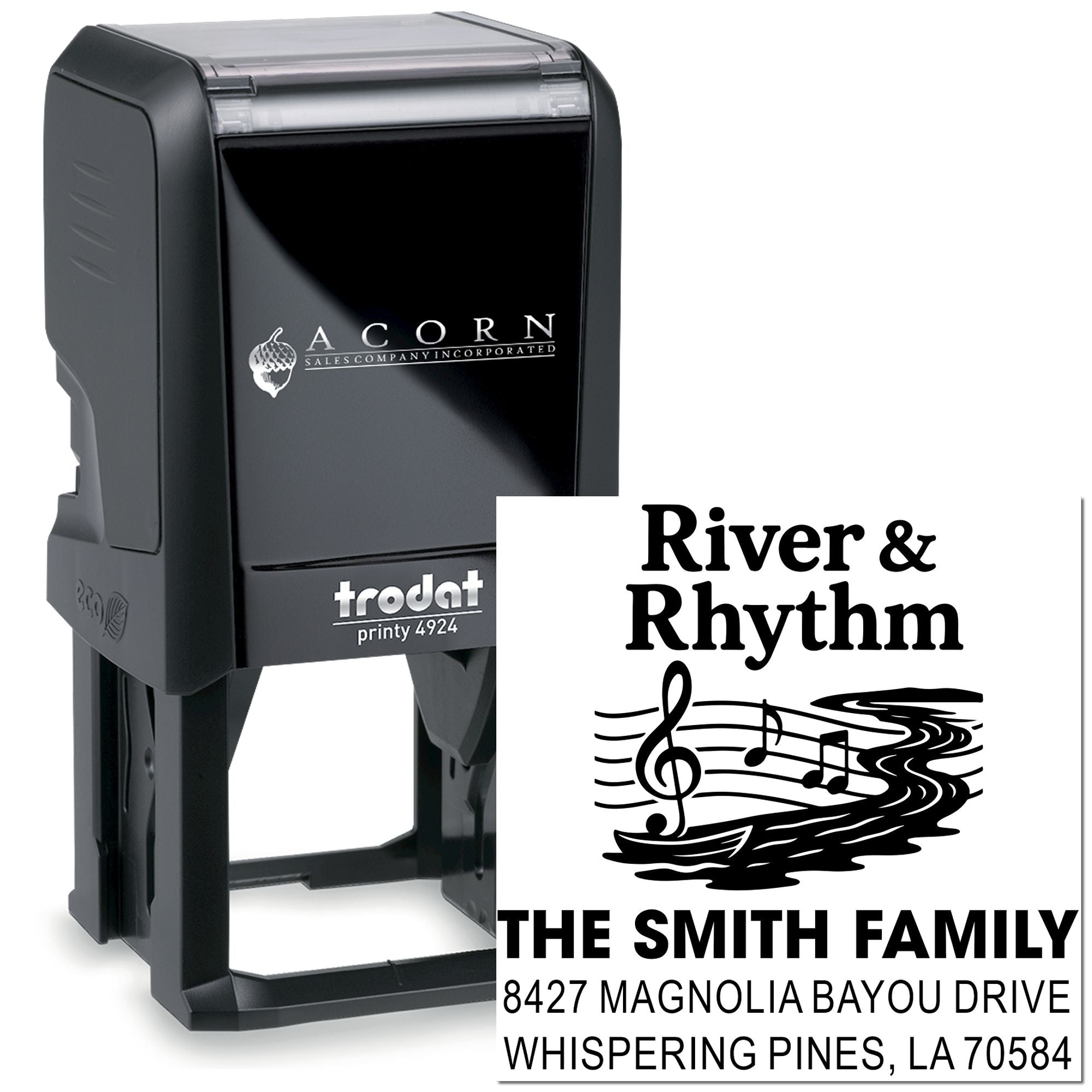 Custom self-inking rubber address stamp for The Smith Family, River & Rhythm design, with name and mailing address.