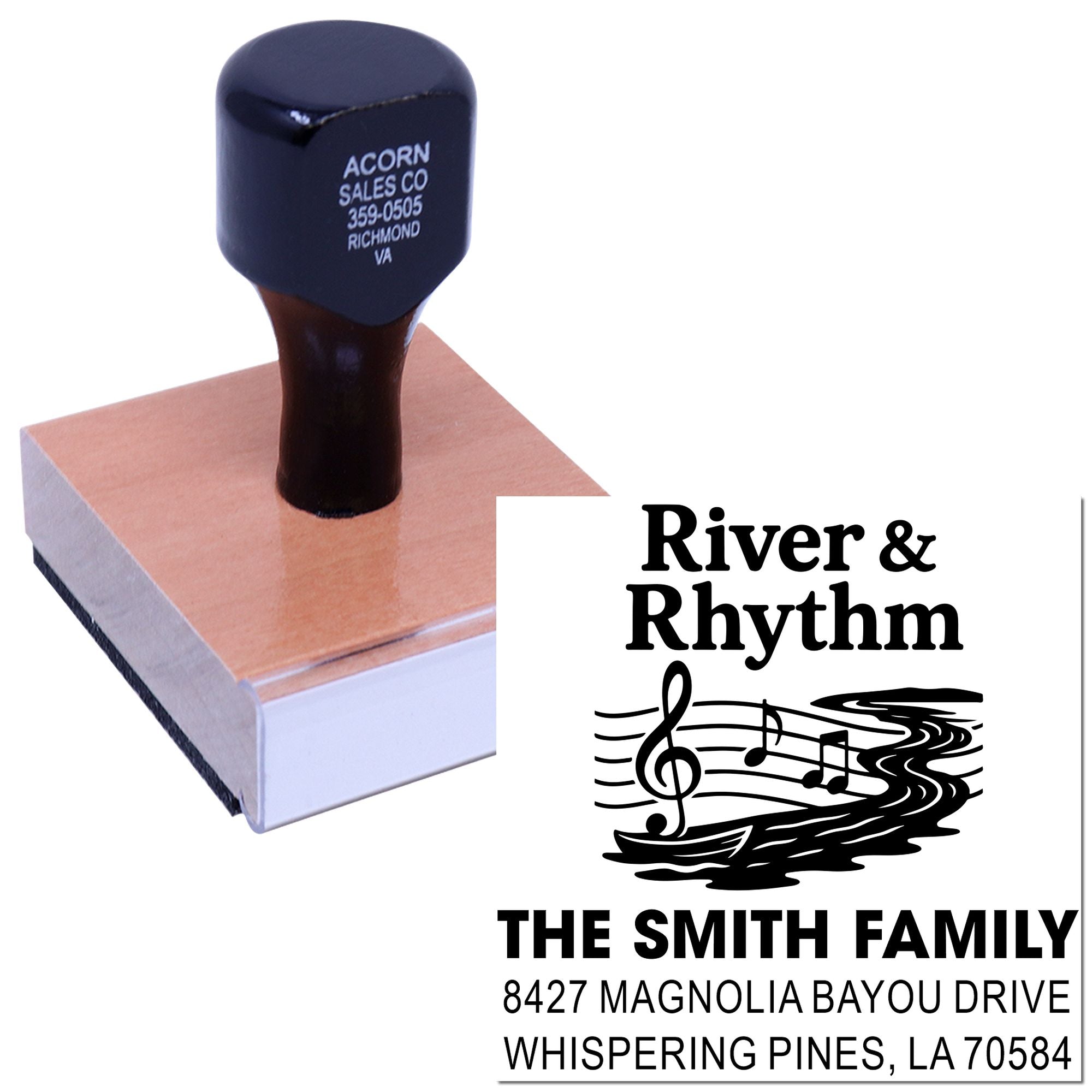 Custom rubber stamp with River & Rhythm family logo and address imprint for personalized mailing and branding.