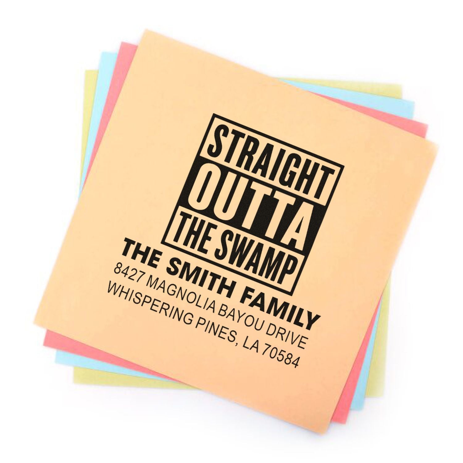 Custom rubber stamp design reading Straight Outta the Swamp with Smith family address for personalized stationery.