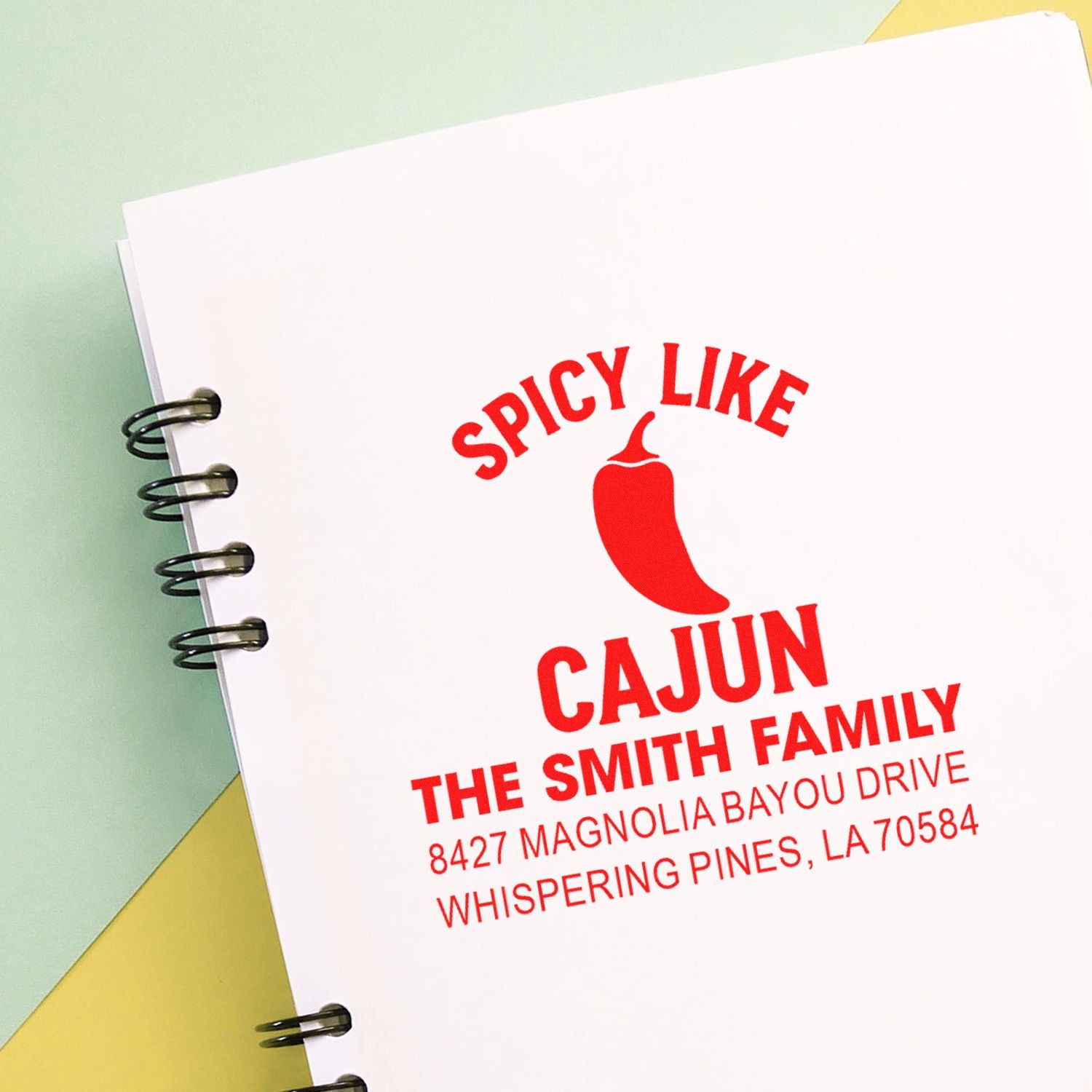 Custom rubber address stamp for The Smith Family with spicy Cajun chili pepper design and Whispering Pines, LA address.