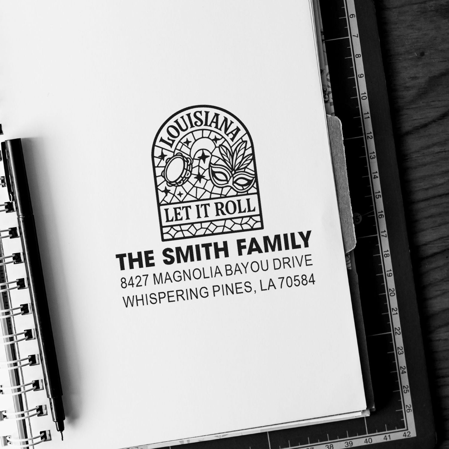 Personalized Louisiana return address rubber stamp with Mardi Gras Let It Roll design for The Smith Family.