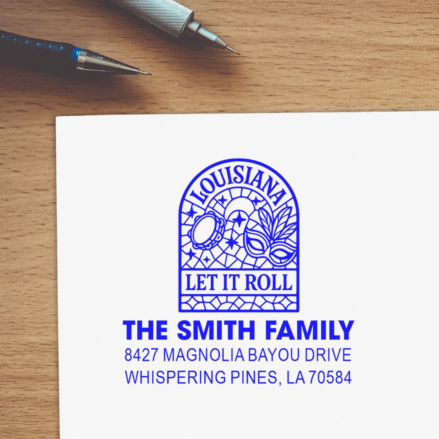 Custom rubber address stamp for The Smith Family, with Louisiana Let It Roll design and return address.