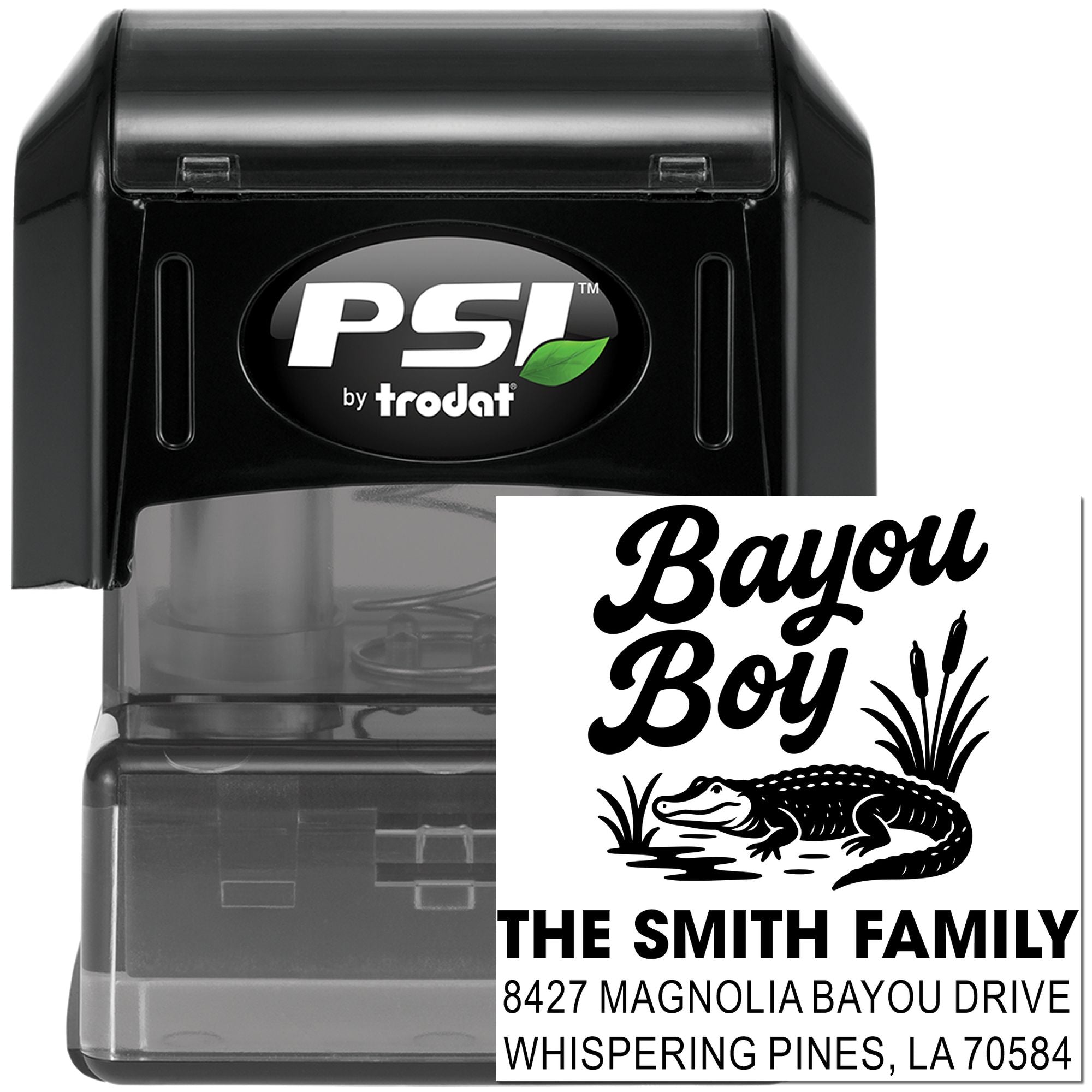 Custom Bayou Boy return address rubber stamp with alligator design, shown on PSI by Trodat self-inking stamp.