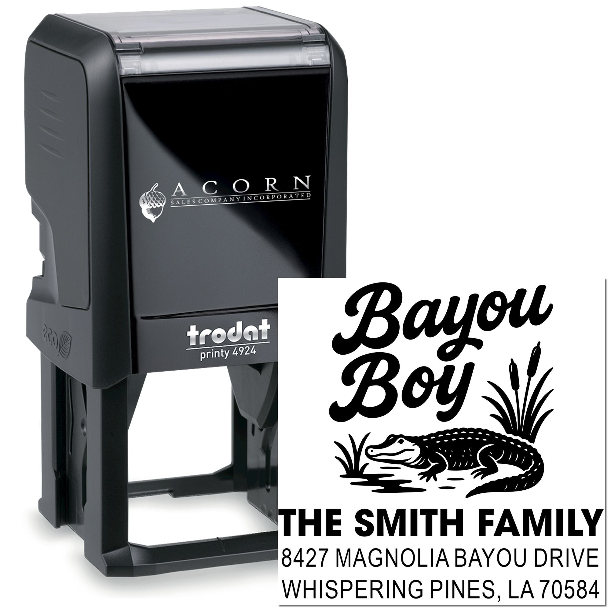Personalized self-inking rubber stamp, Trodat Printy 4924, featuring Bayou Boy alligator design and Smith family address.