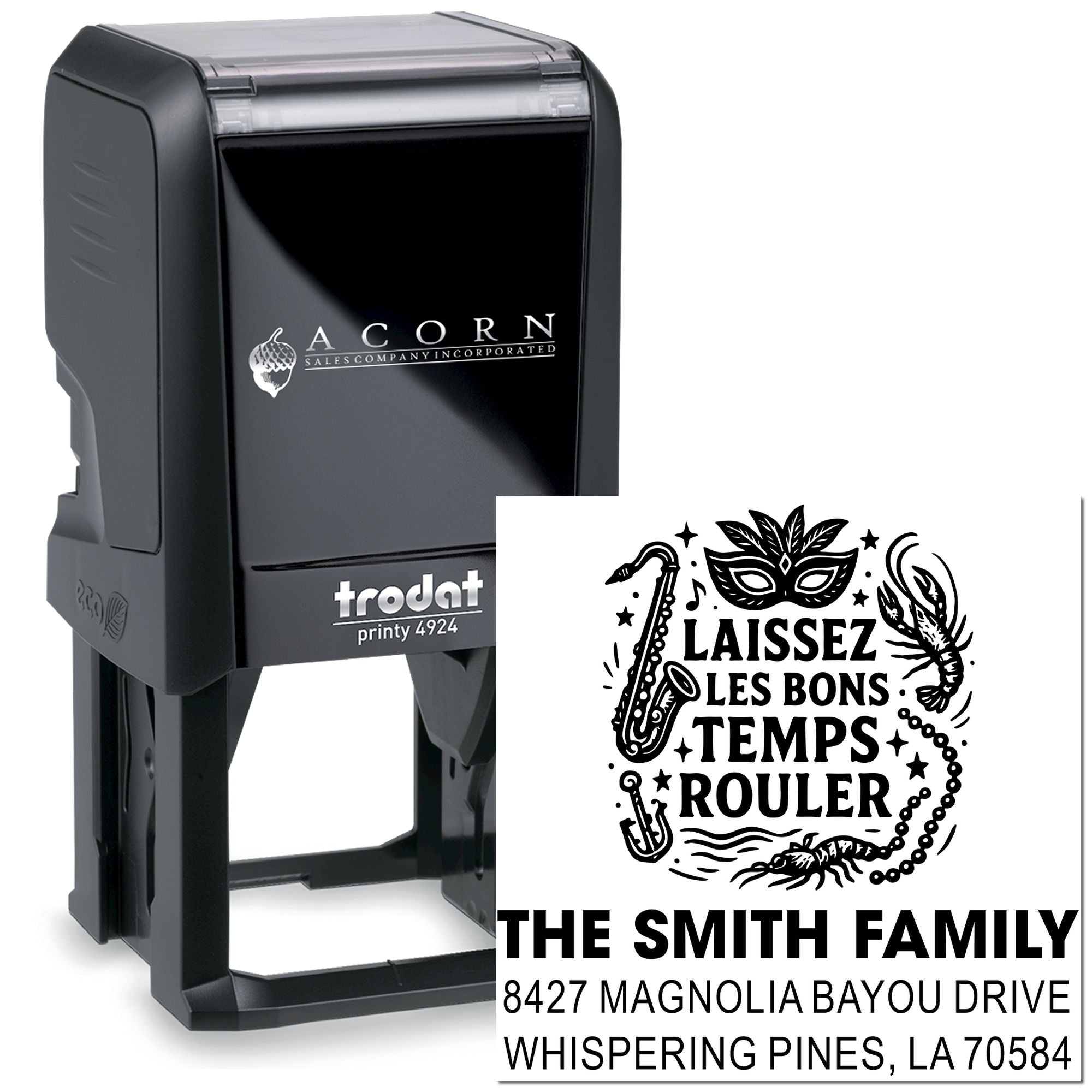 Trodat Printy 4924 self-inking custom rubber stamp for family address labels with decorative Laissez les bons temps rouler design.