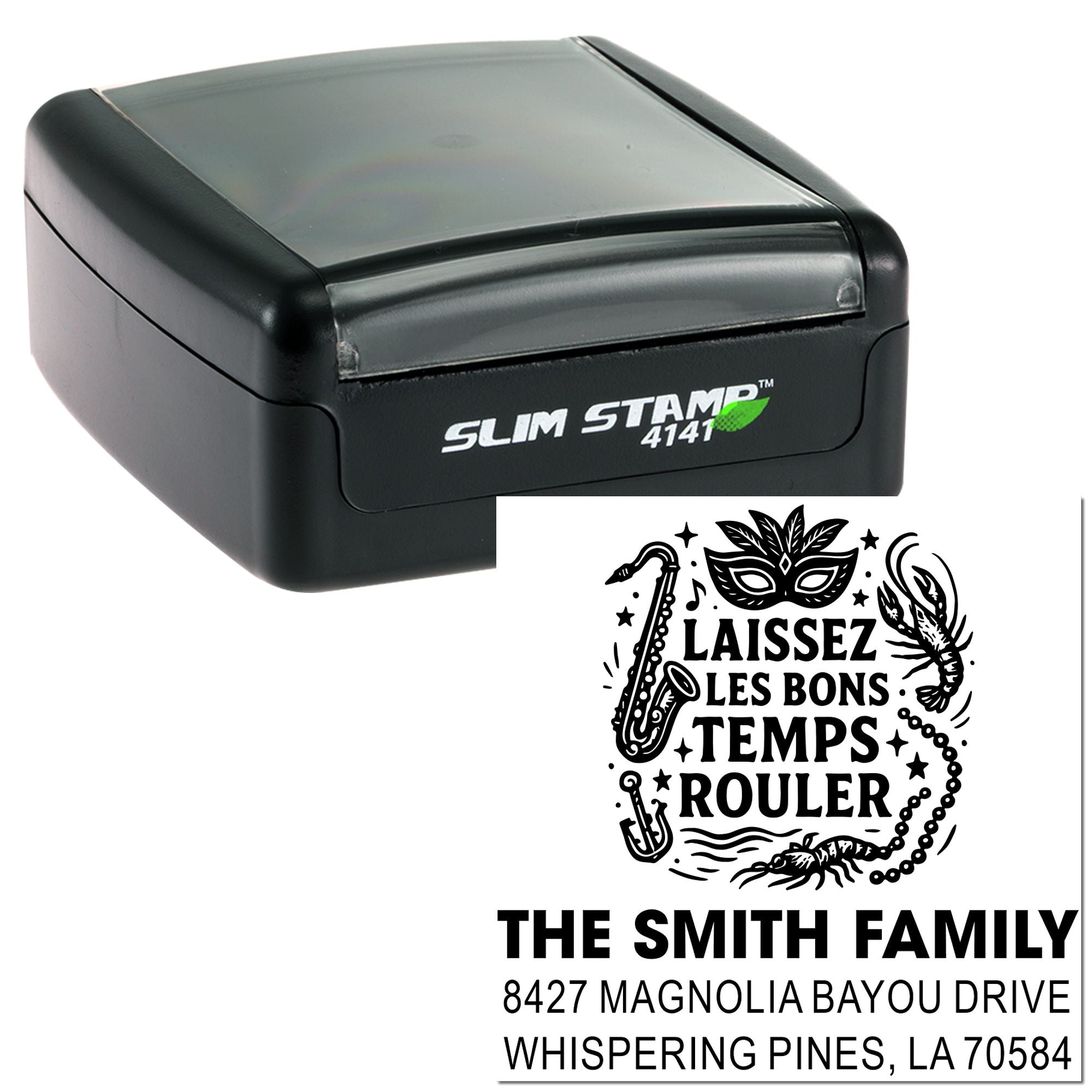 Custom self-inking rubber stamp preview with personalized family return address design and decorative motif