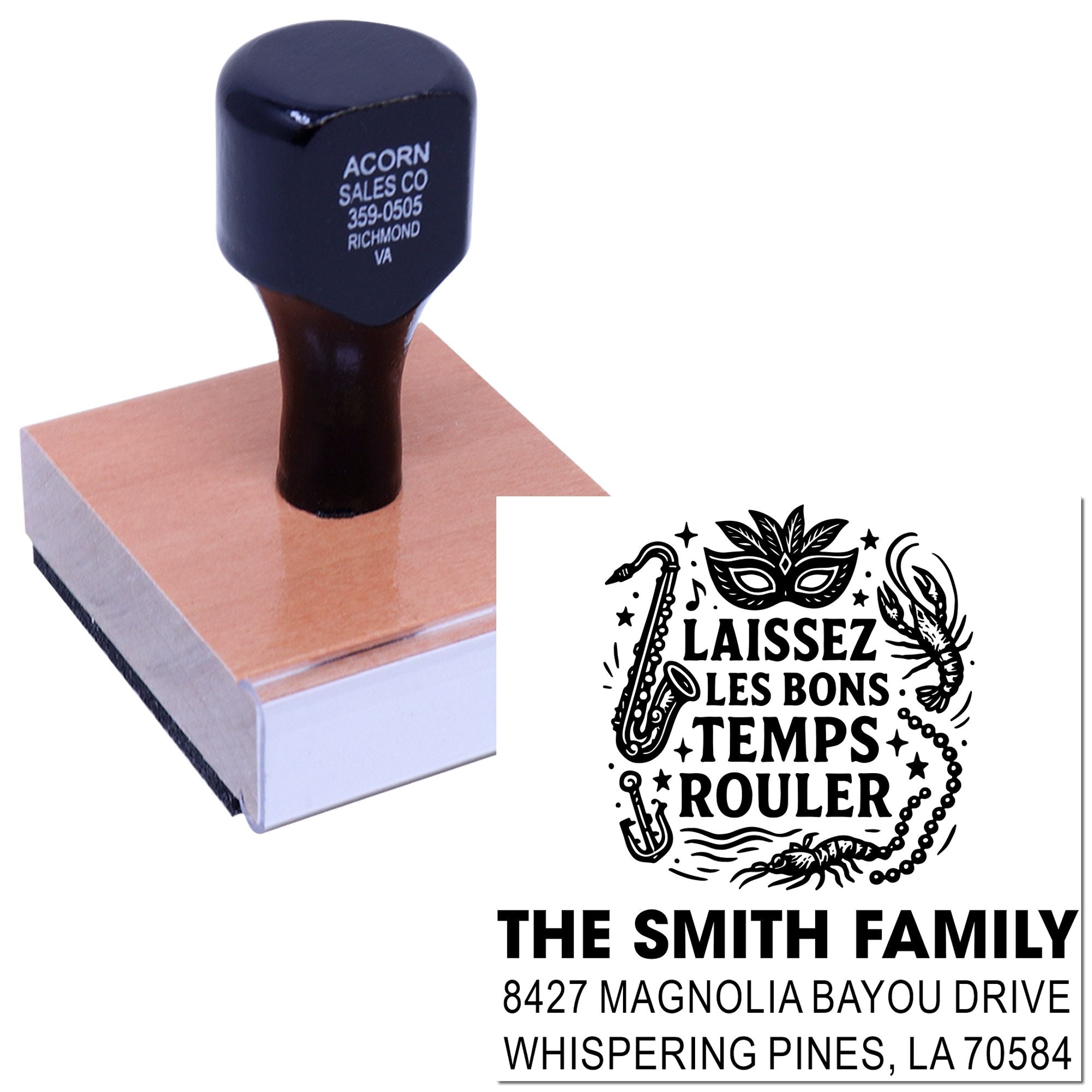 Custom rubber stamp with Mardi Gras design and personalized address stamp for The Smith Family.