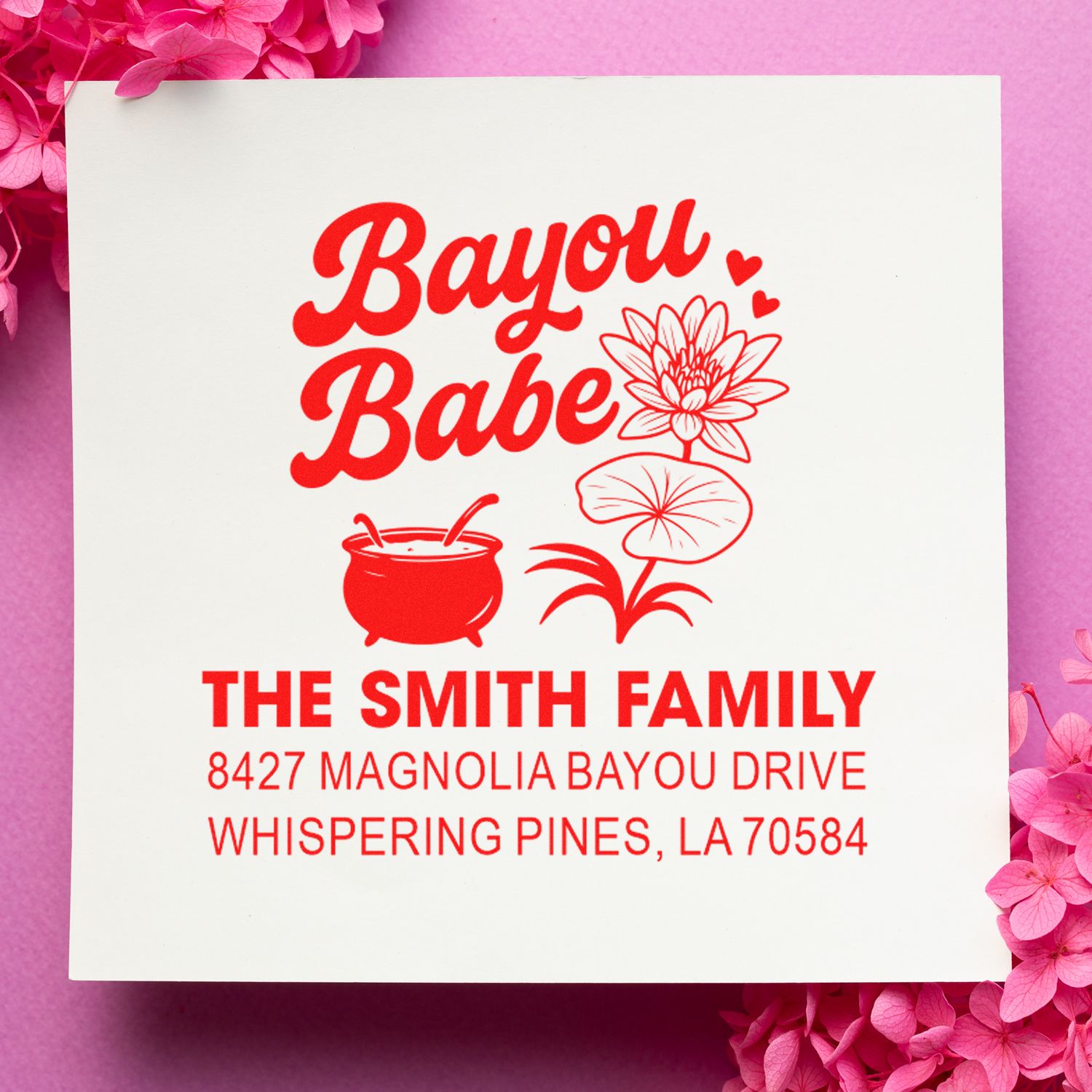 Custom Bayou Babe address rubber stamp for The Smith Family, featuring floral art and Whispering Pines, LA return address.