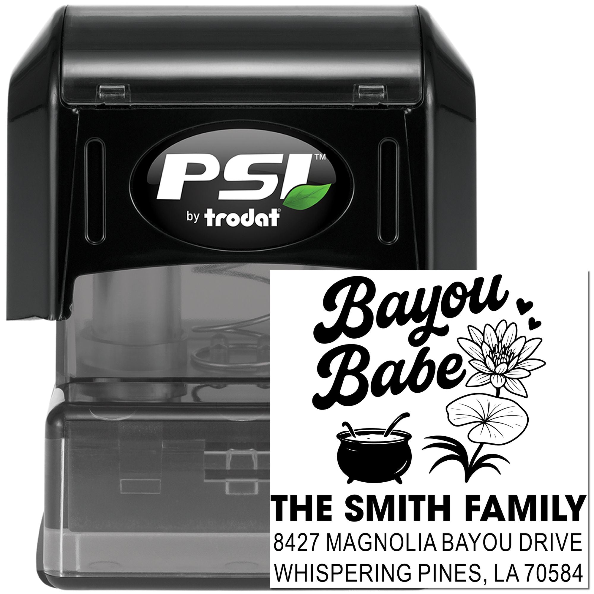 Custom self-inking address rubber stamp with Bayou Babe design for The Smith Family, including name and Louisiana address.
