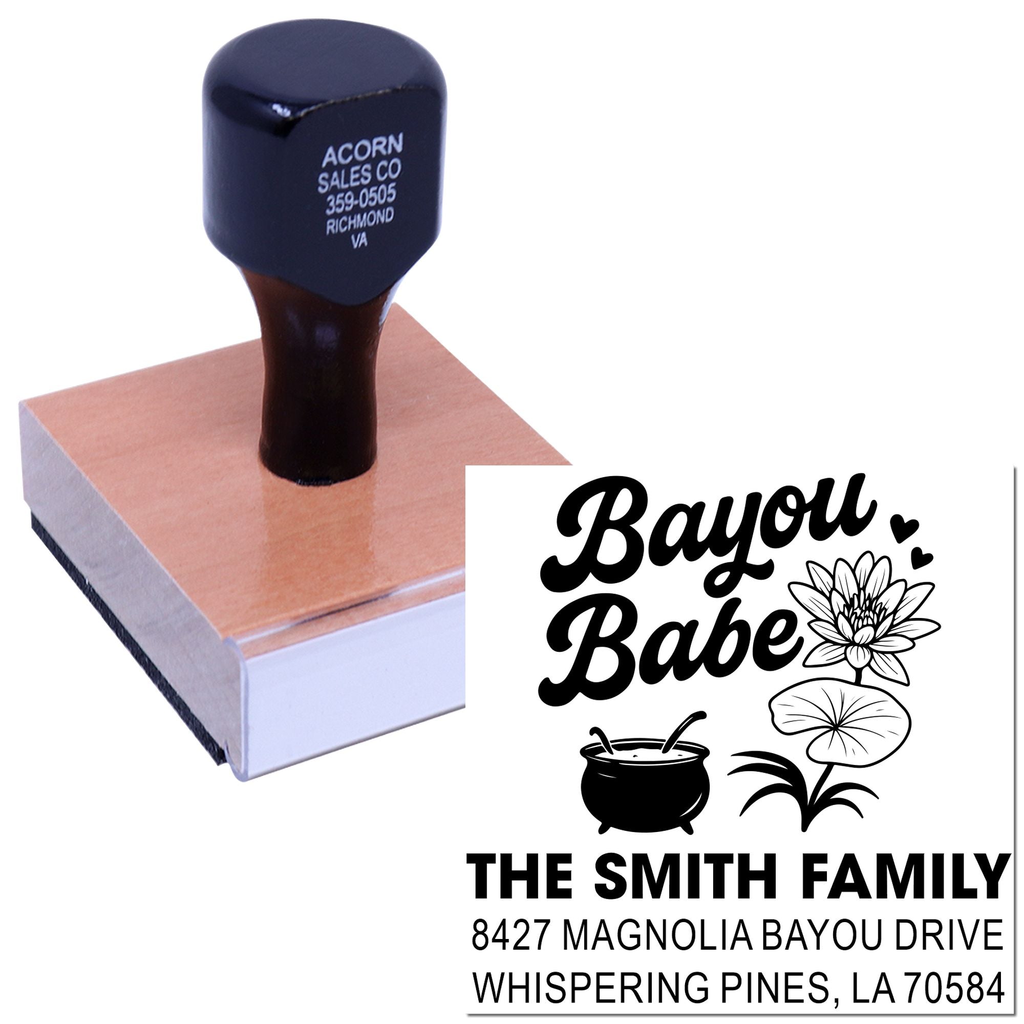 Custom rubber address stamp with Bayou Babe floral design for personalized return address and family mailings.