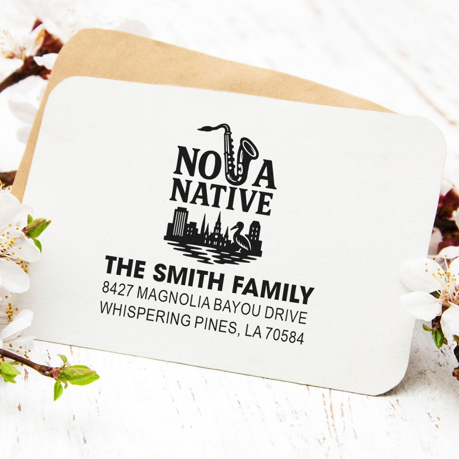 Custom return address rubber stamp for The Smith Family featuring NOLA Native saxophone and city skyline.