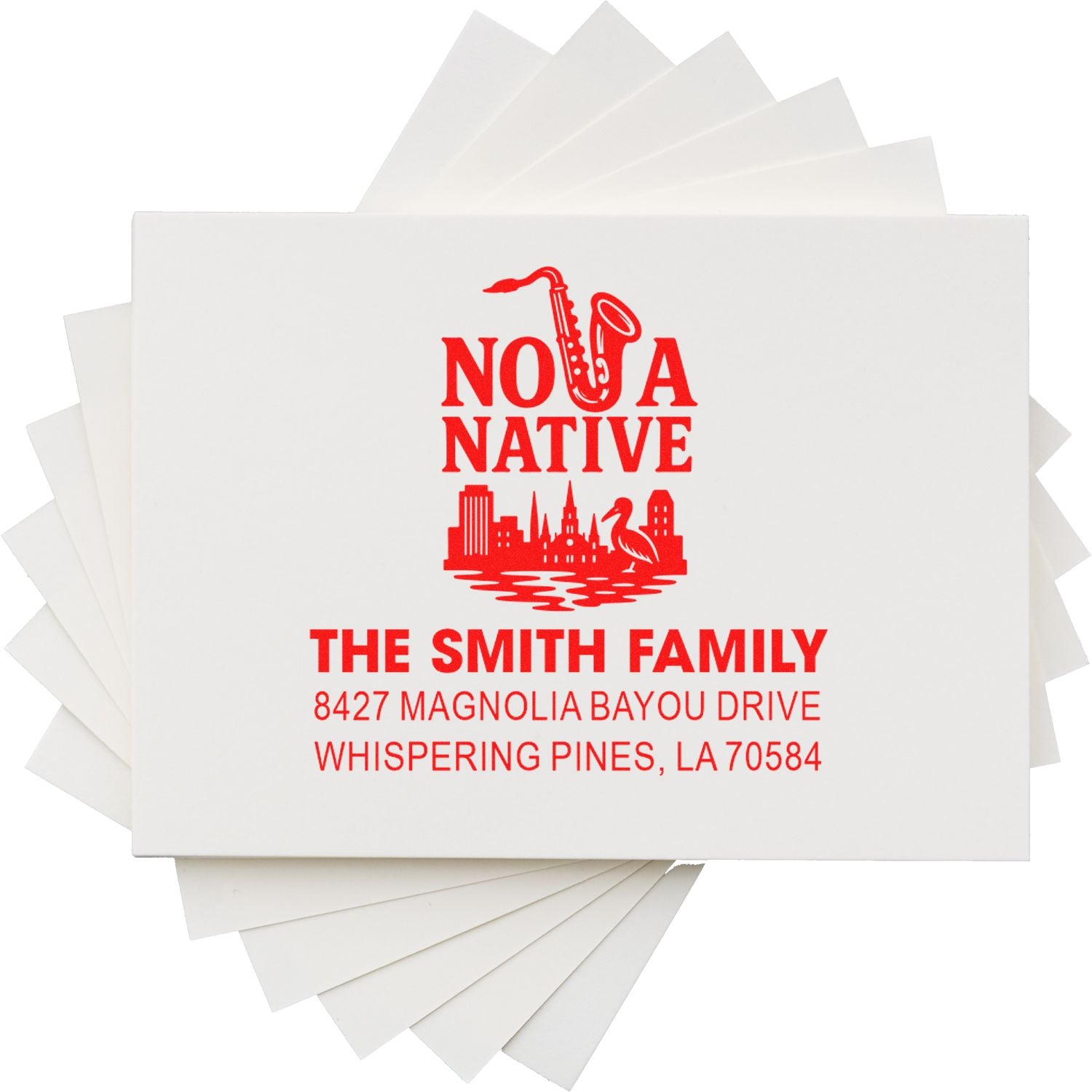 Custom rubber address stamp for The Smith Family with saxophone logo and return address on stationery mockup.