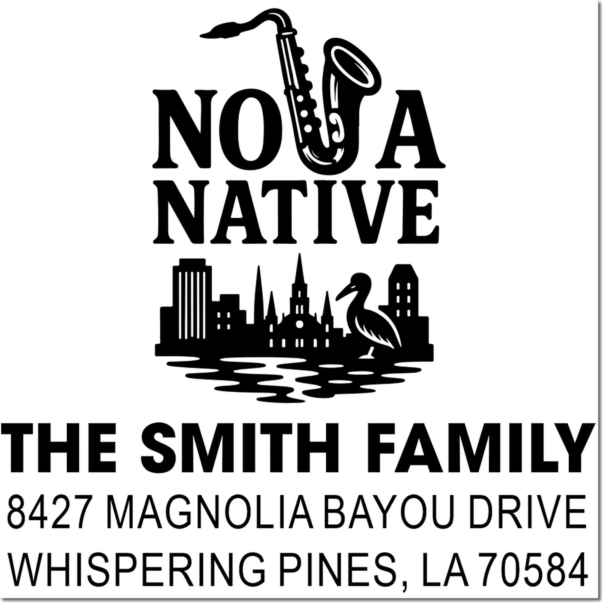 Personalized return address rubber stamp for The Smith Family with city skyline and saxophone design in Whispering Pines, LA.