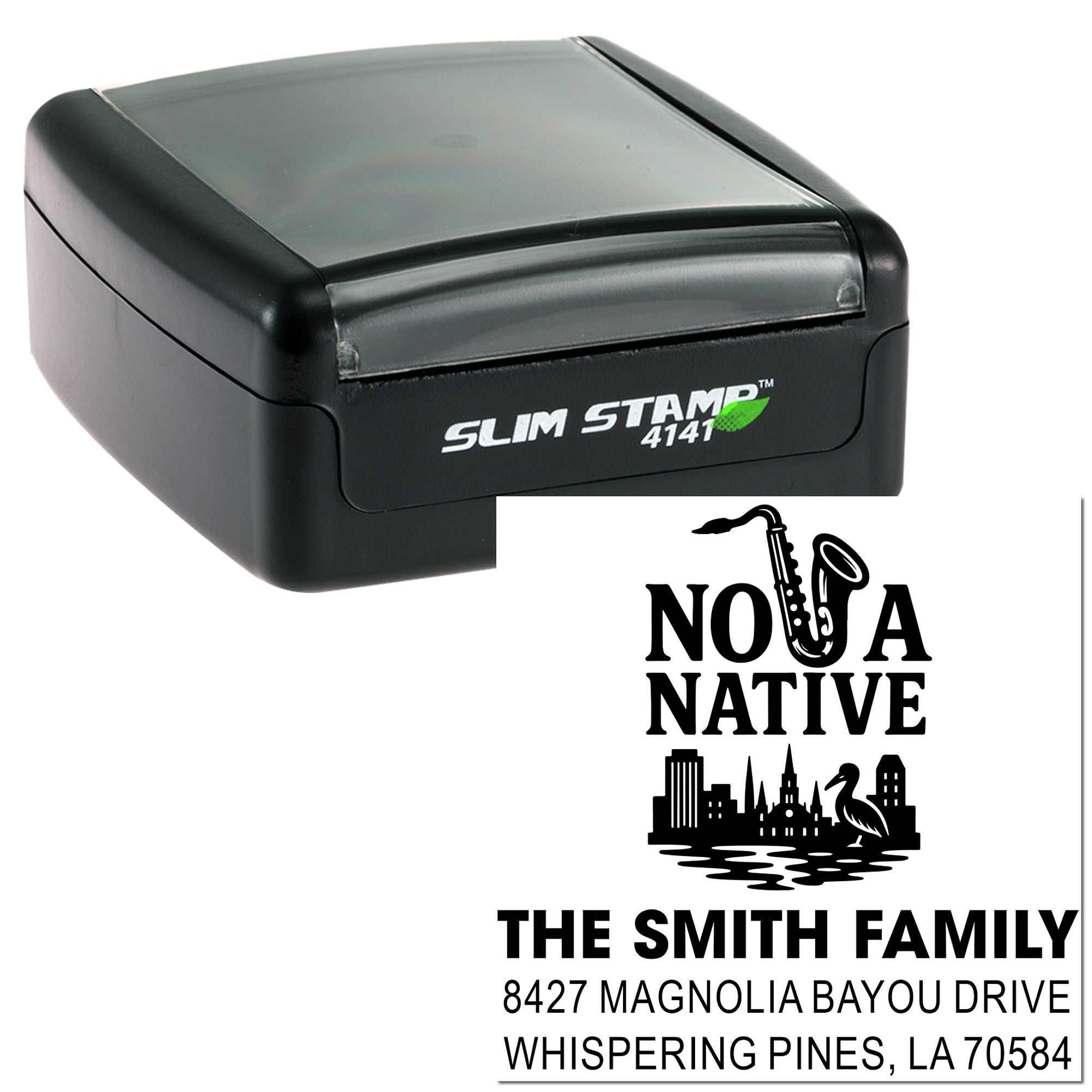 Custom self-inking rubber address stamp featuring NOLA Native family design with name and address, Slim Stamp 4141.