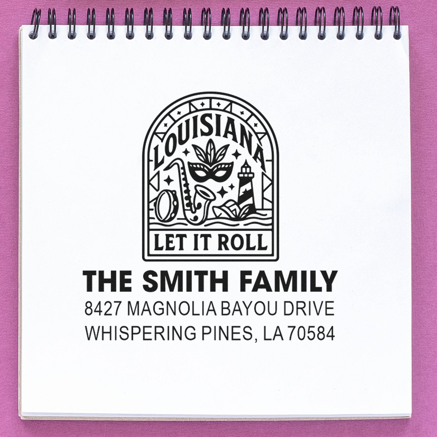 Custom Louisiana family address rubber stamp with Let It Roll design for The Smith Family, Whispering Pines, LA 70584.