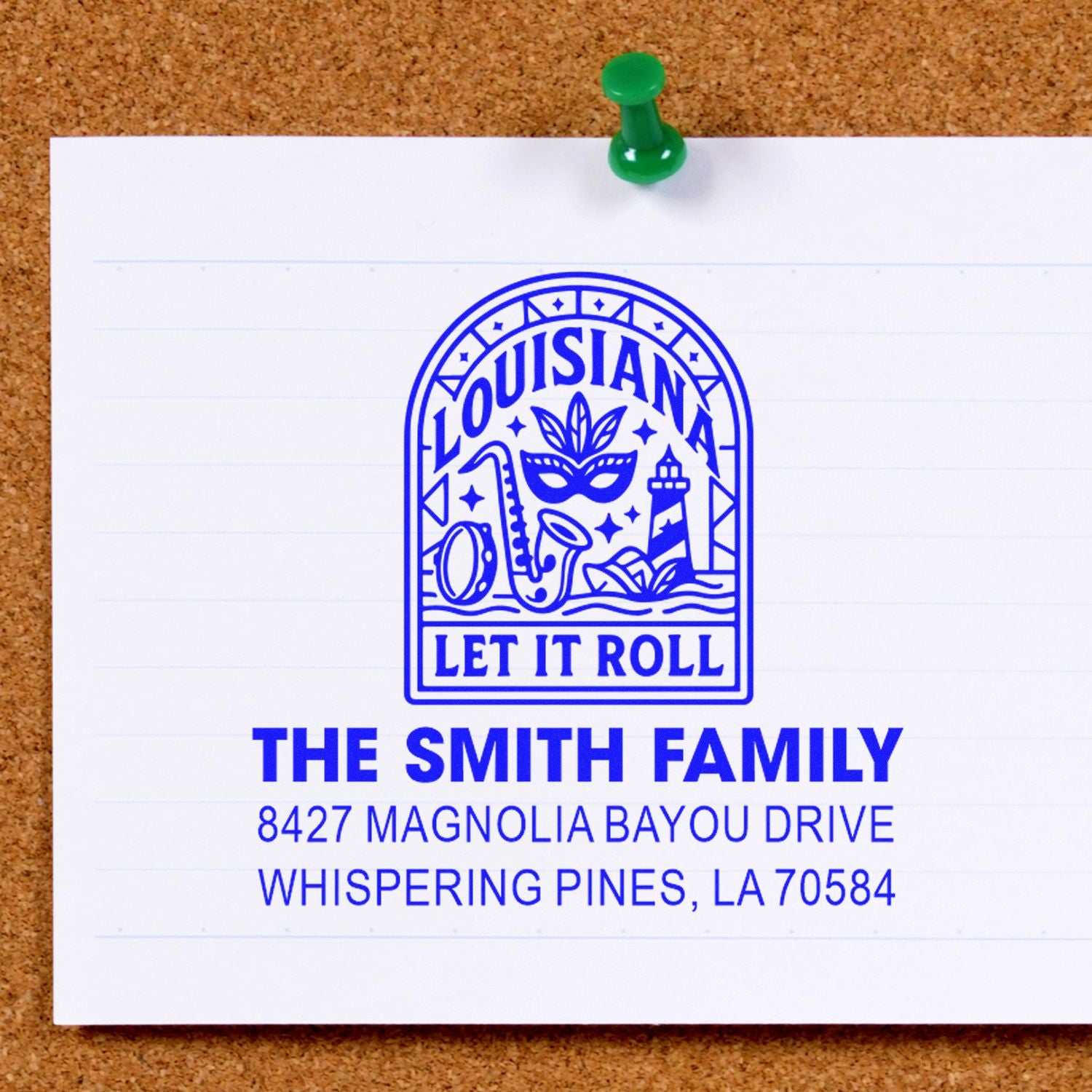 Custom Louisiana family address rubber stamp with Let It Roll Mardi Gras design for personalized mail and invitations.