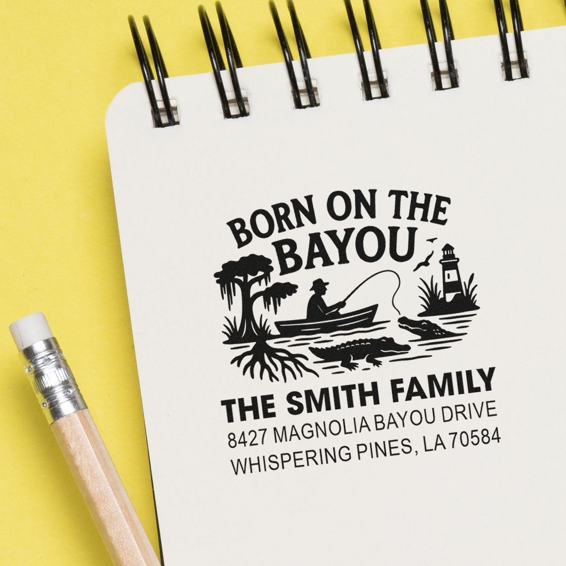 Custom rubber address stamp for The Smith Family with Born on the Bayou design and Louisiana return address.