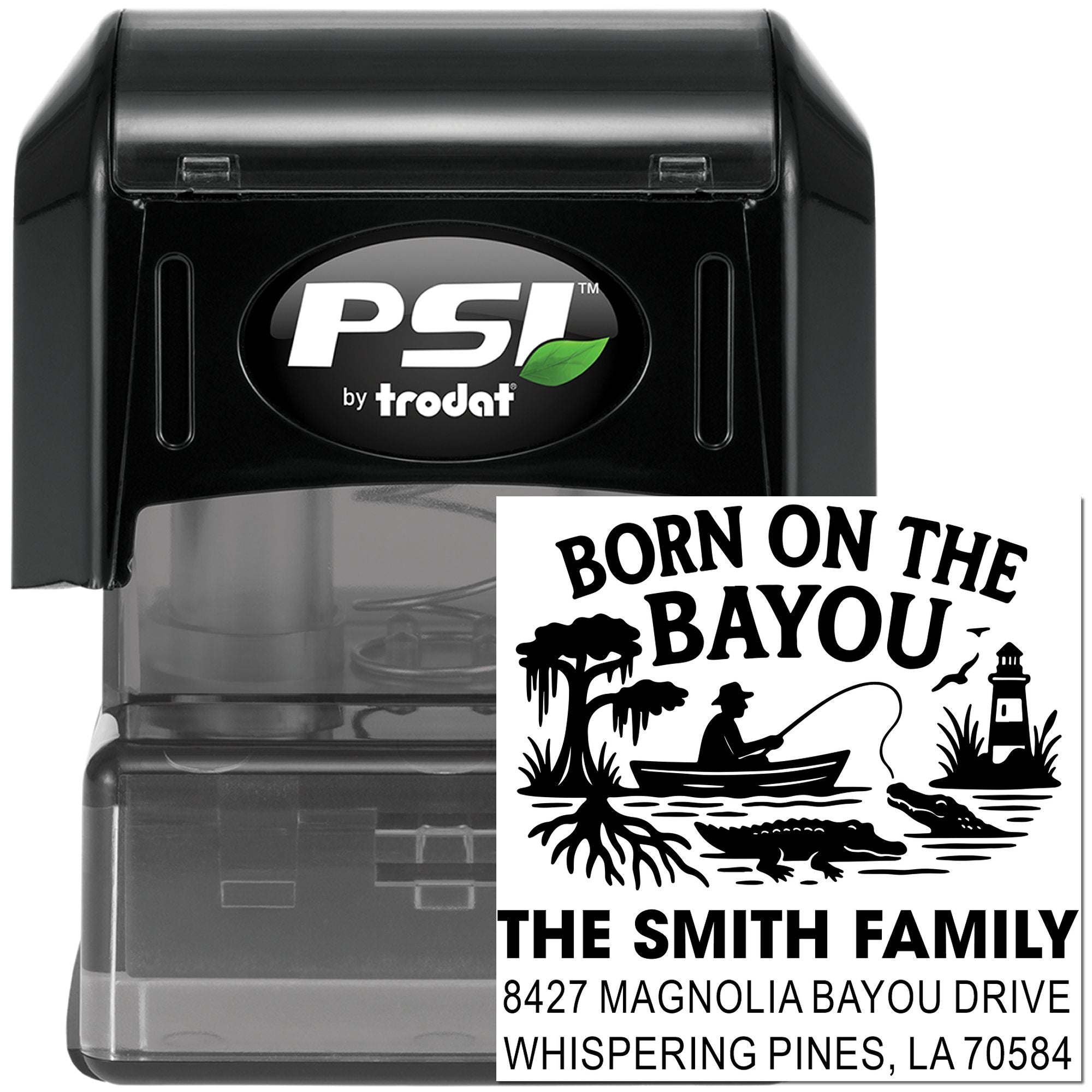 Custom self-inking rubber address stamp with Born on the Bayou family design, Smith family name, and Louisiana return address.