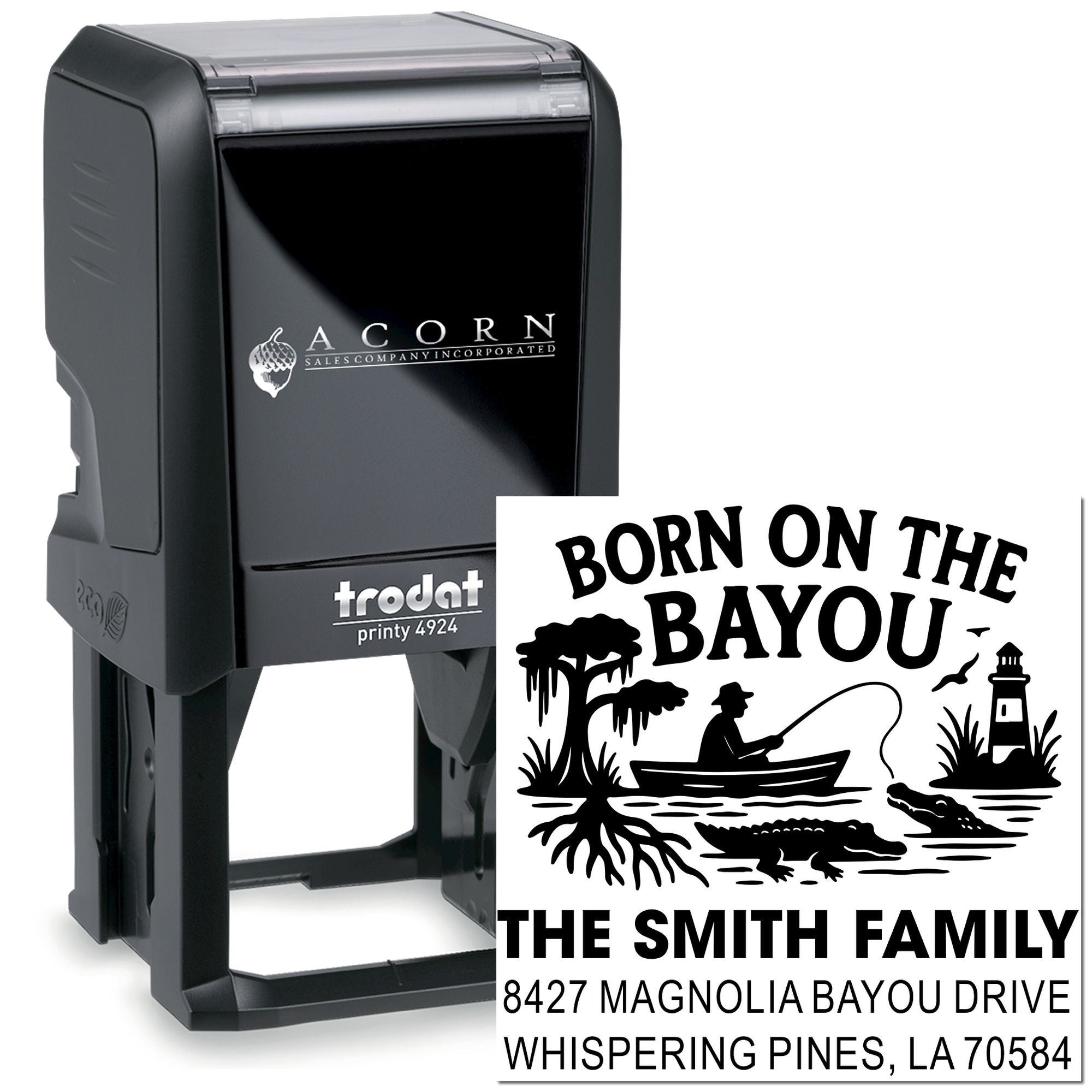 Custom self-inking Trodat Printy 4924 rubber stamp with bayou design and Smith family address, personalized address stamp
