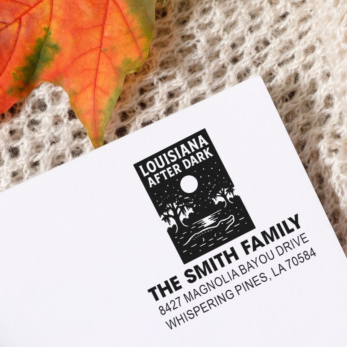 Personalized Louisiana After Dark return address rubber stamp for The Smith Family on stationery.