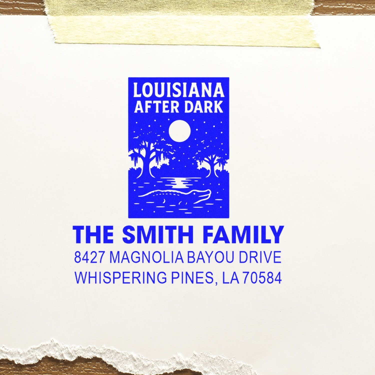 Personalized Louisiana After Dark return address rubber stamp with swamp alligator design, family name, and address.