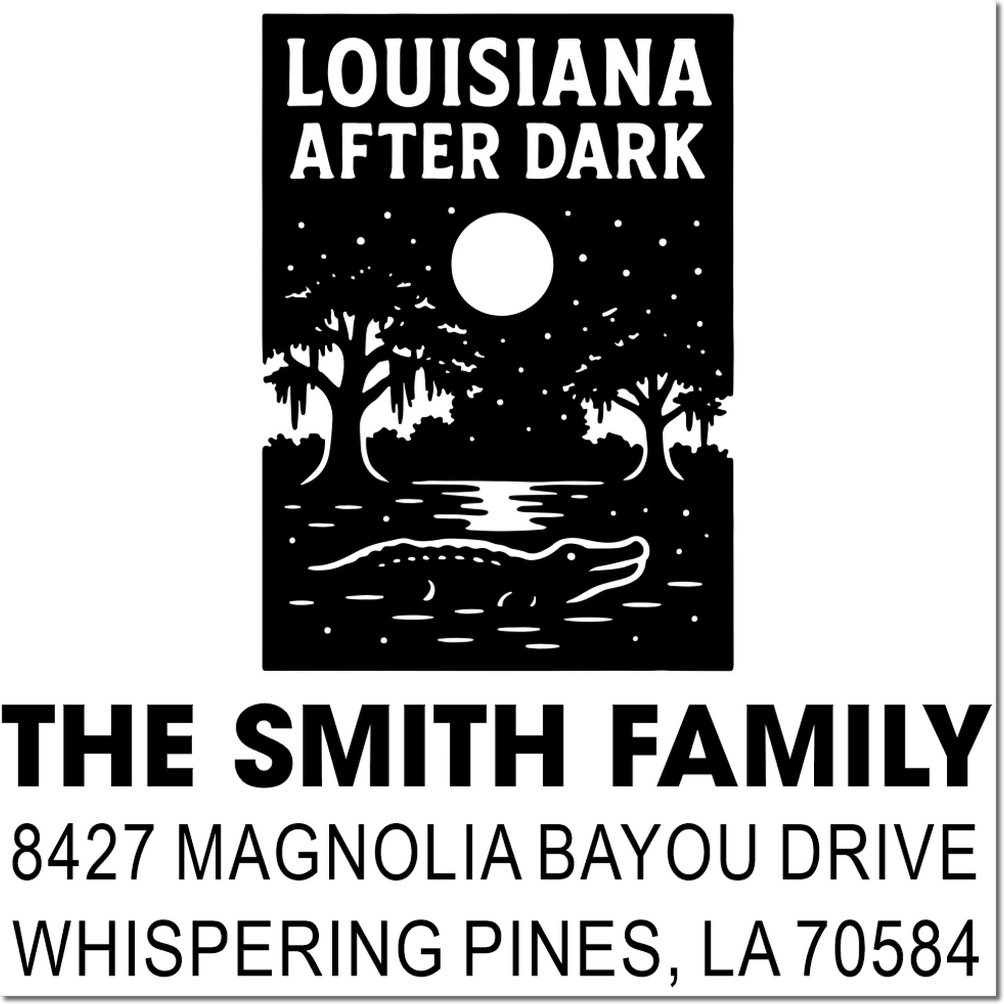 Custom Louisiana After Dark rubber stamp with alligator, moon and trees, personalized Smith family return address for Whispering Pines, LA.