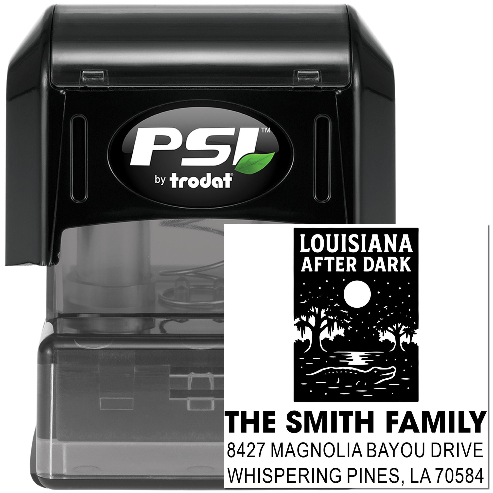 PSI by Trodat self-inking custom address rubber stamp with Louisiana After Dark family design for personalized mailings.