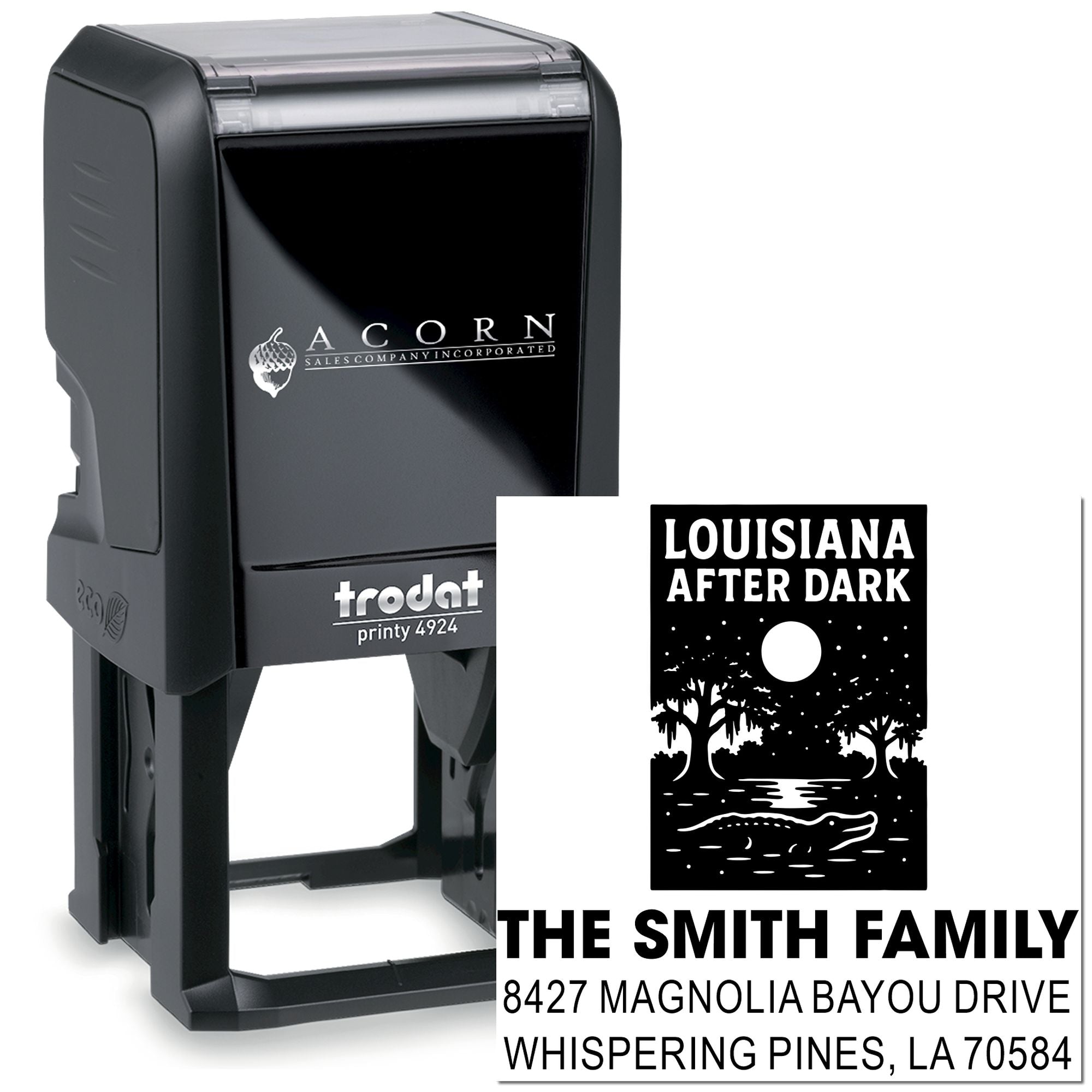 Custom self-inking rubber stamp, Trodat Printy 4924, with Louisiana After Dark return address for The Smith Family.