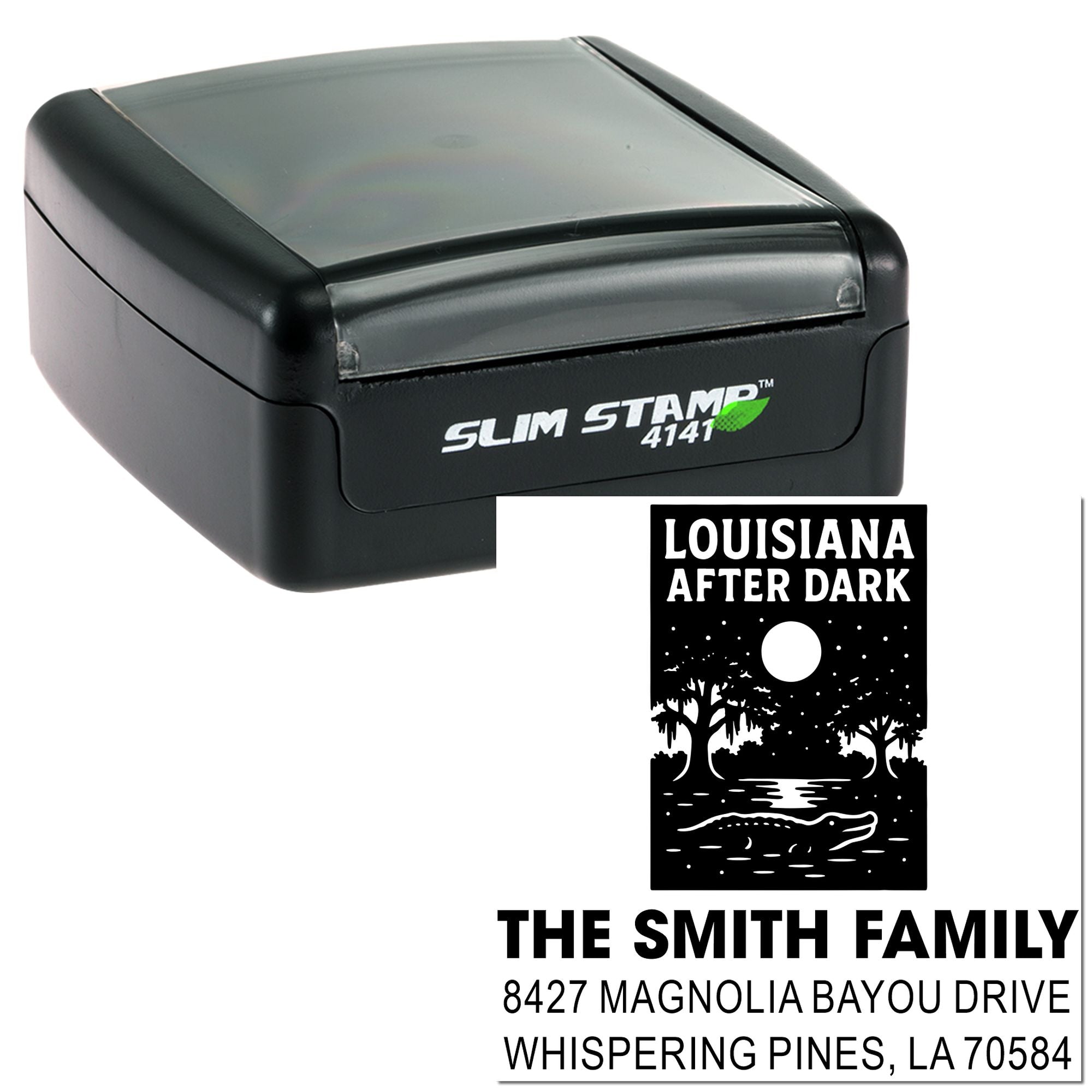 Custom self-inking rubber address stamp for The Smith Family, Louisiana After Dark design.