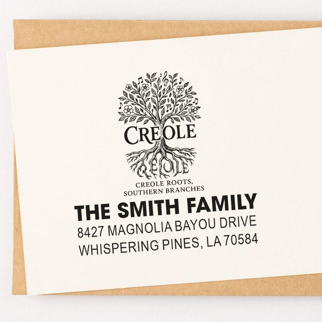 Personalized family return address rubber stamp with Creole tree design for The Smith Family, Whispering Pines, LA 70584