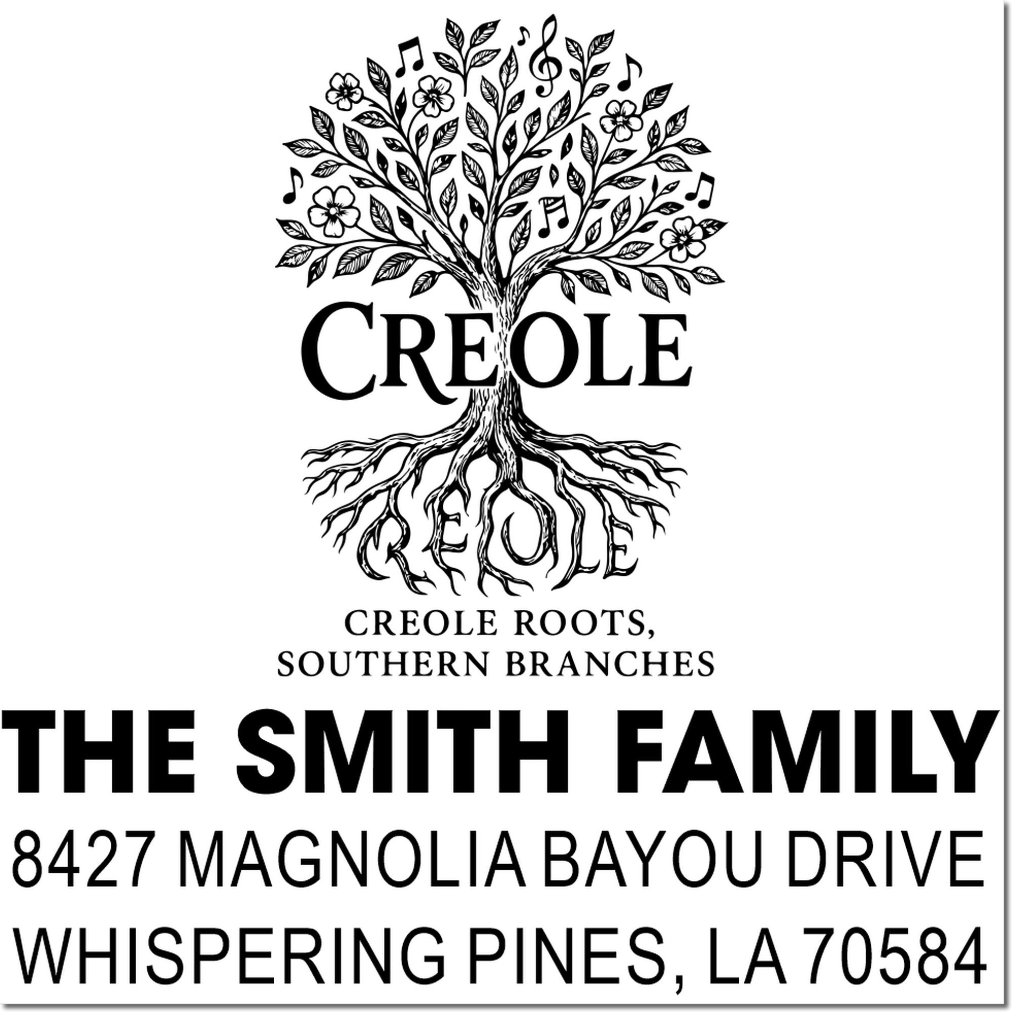 Custom Creole roots family return address rubber stamp with tree design, Smith family name, and Whispering Pines, LA address.