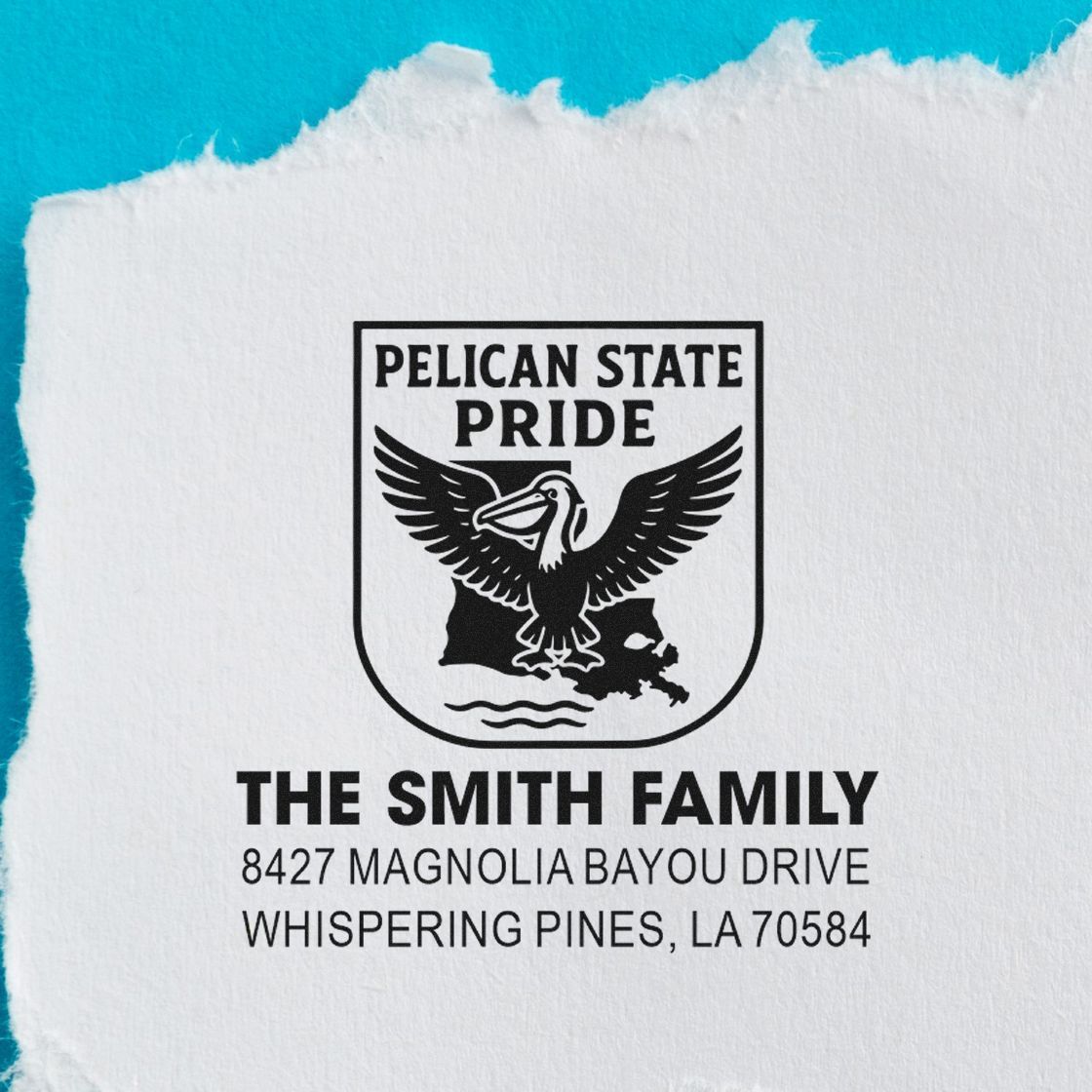 Custom Louisiana family address rubber stamp with Pelican State Pride pelican logo, The Smith Family, and mailing address.