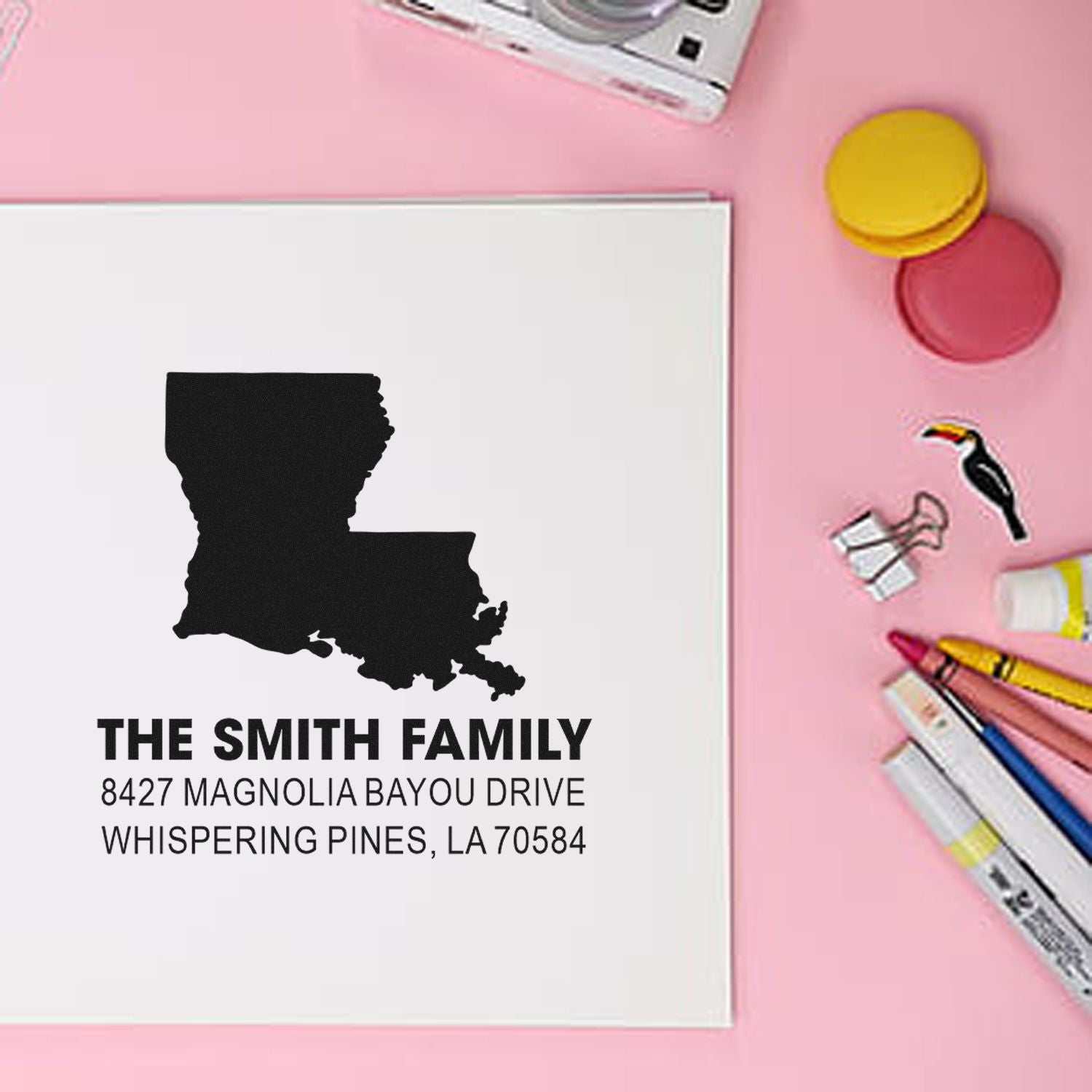Custom return address rubber stamp with Louisiana silhouette for The Smith Family, Whispering Pines, LA