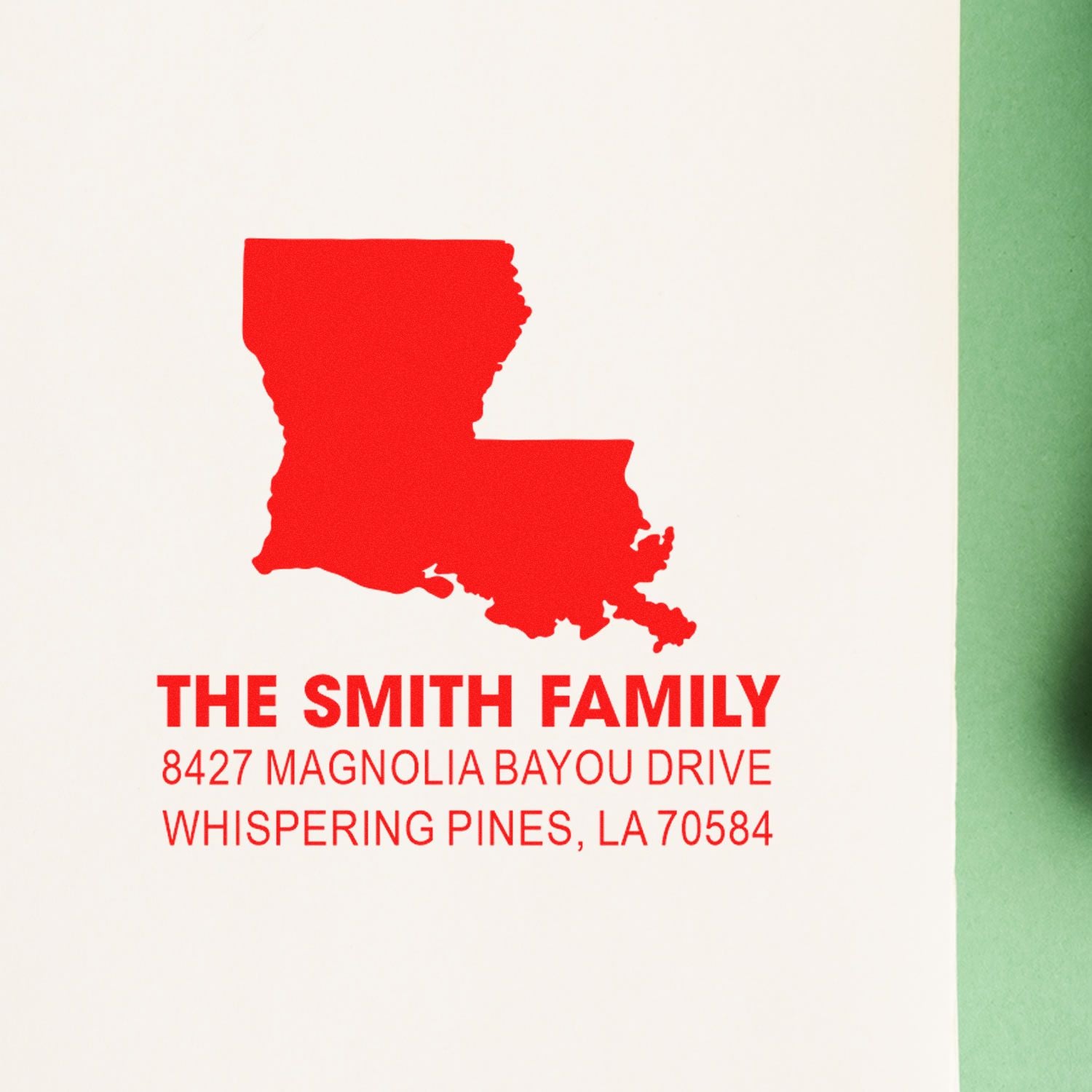 Custom Louisiana return address rubber stamp for The Smith Family, featuring name, street address, and ZIP code