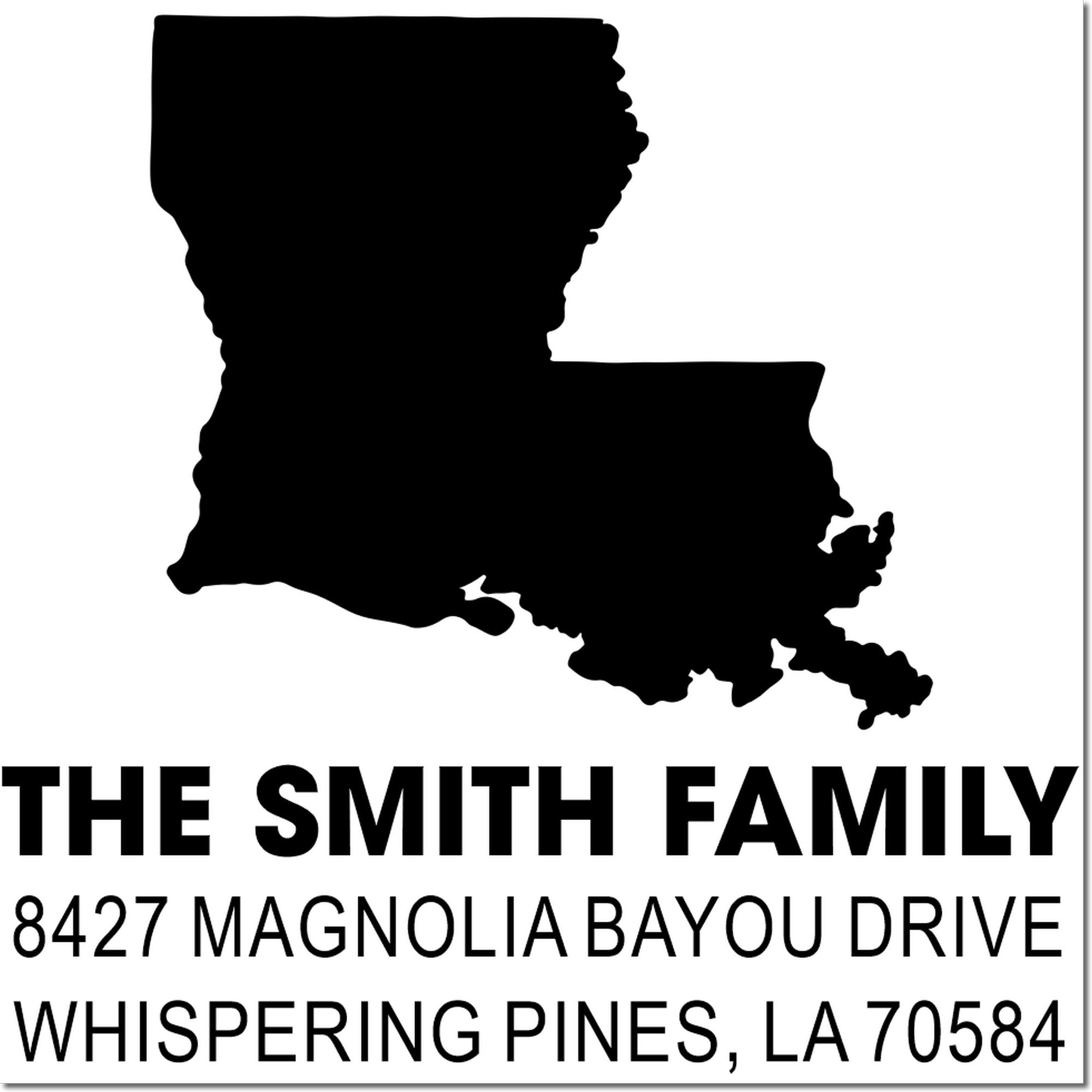 Custom Louisiana address rubber stamp for The Smith Family, 8427 Magnolia Bayou Drive, Whispering Pines, LA 70584
